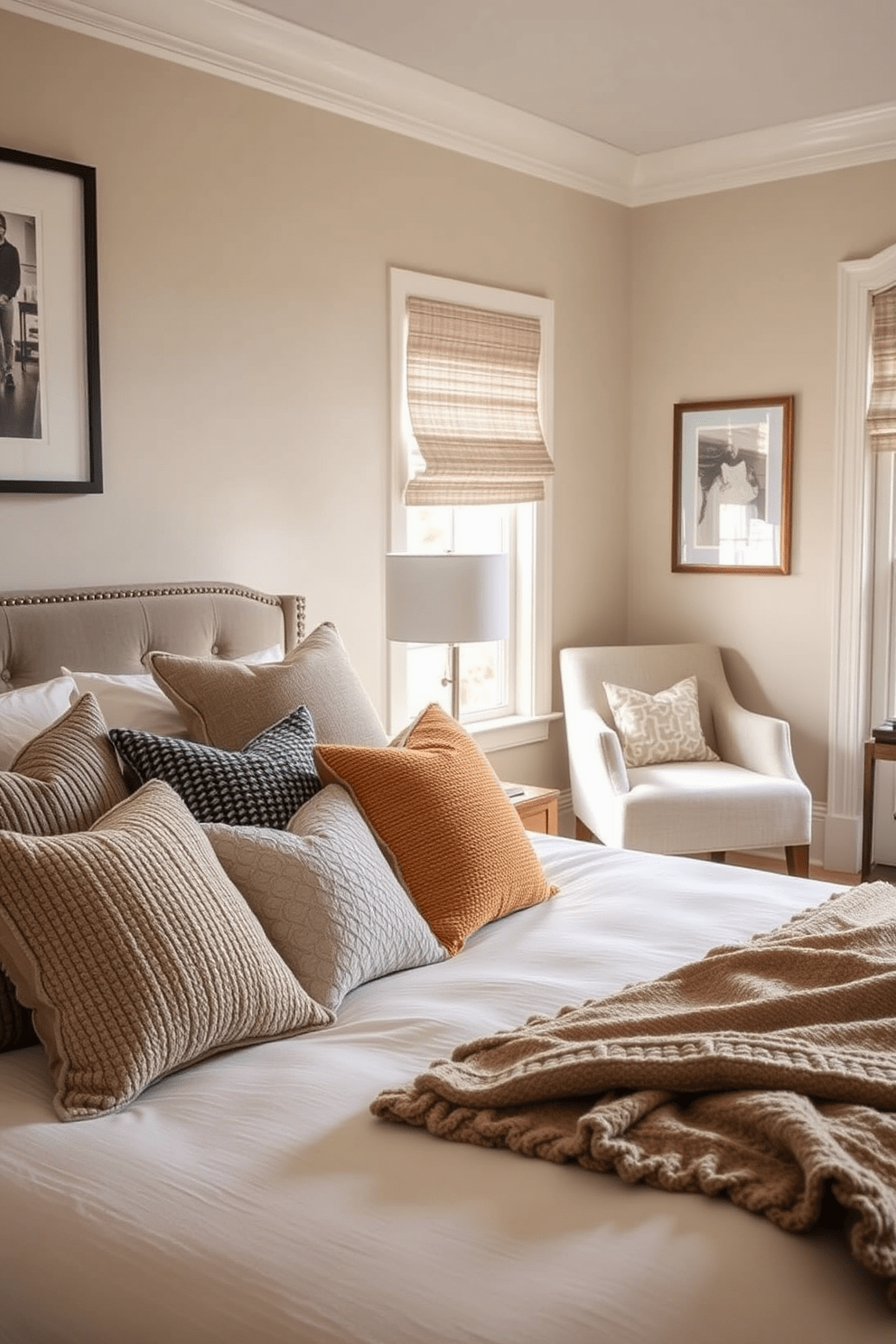 Textured throw pillows in various fabrics and colors are artfully arranged on a plush bed with a soft, neutral duvet. The guest bedroom features a cozy reading nook by the window, adorned with a stylish armchair and a small side table.