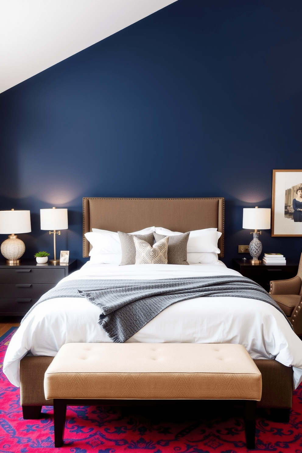 A guest bedroom featuring a bold accent wall painted in deep navy blue that creates a striking focal point. The room is adorned with a plush queen-sized bed dressed in crisp white linens and a textured throw blanket for added warmth. On either side of the bed, stylish nightstands hold modern table lamps with warm light. A cozy armchair sits in the corner, complemented by a small side table and a vibrant area rug that ties the color scheme together.