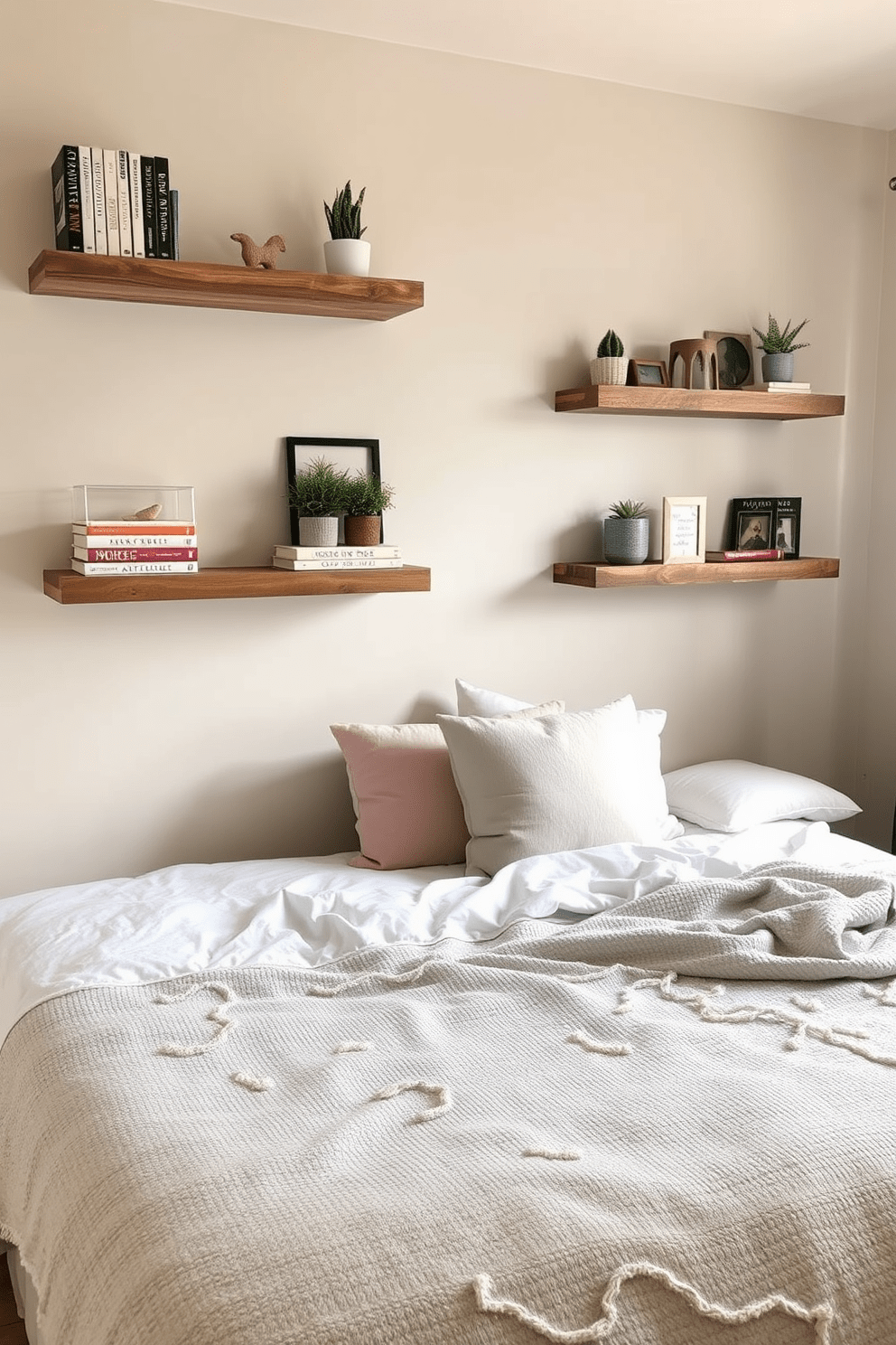 A cozy guest bedroom featuring wall-mounted shelves for extra storage. The shelves are made of reclaimed wood and are adorned with decorative books and small plants. The bed is dressed in soft linens with a mix of neutral and pastel colors. A plush area rug lies beneath the bed, adding warmth to the space.