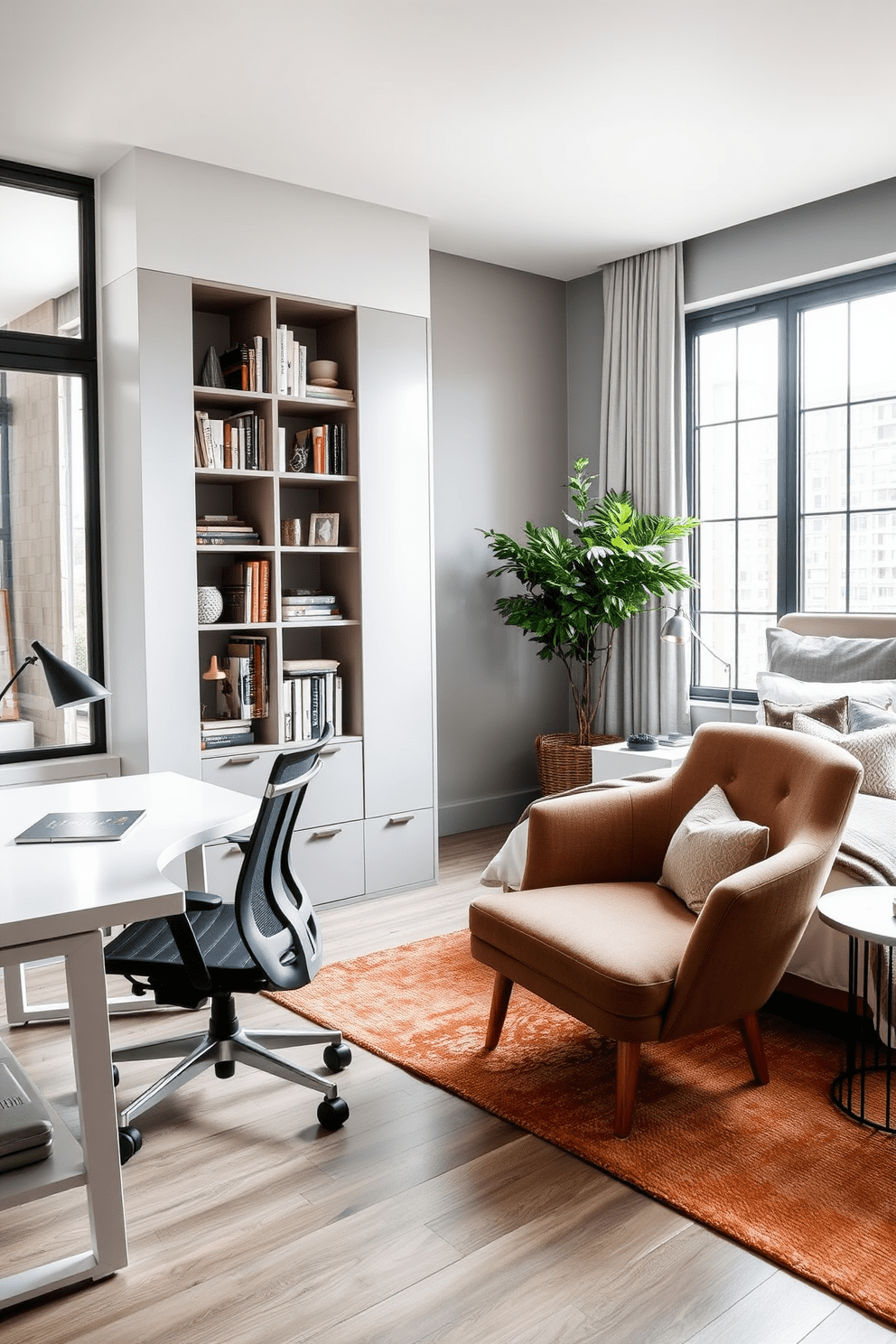 A modern desk area designed for work or study features a sleek white desk paired with an ergonomic black chair. Natural light floods the space through a large window, illuminating a minimalist bookshelf filled with books and decorative items. The guest bedroom is styled with a plush queen-sized bed dressed in soft linens and an assortment of decorative pillows. A cozy armchair sits in the corner, complemented by a small side table and a warm area rug that adds texture to the floor.