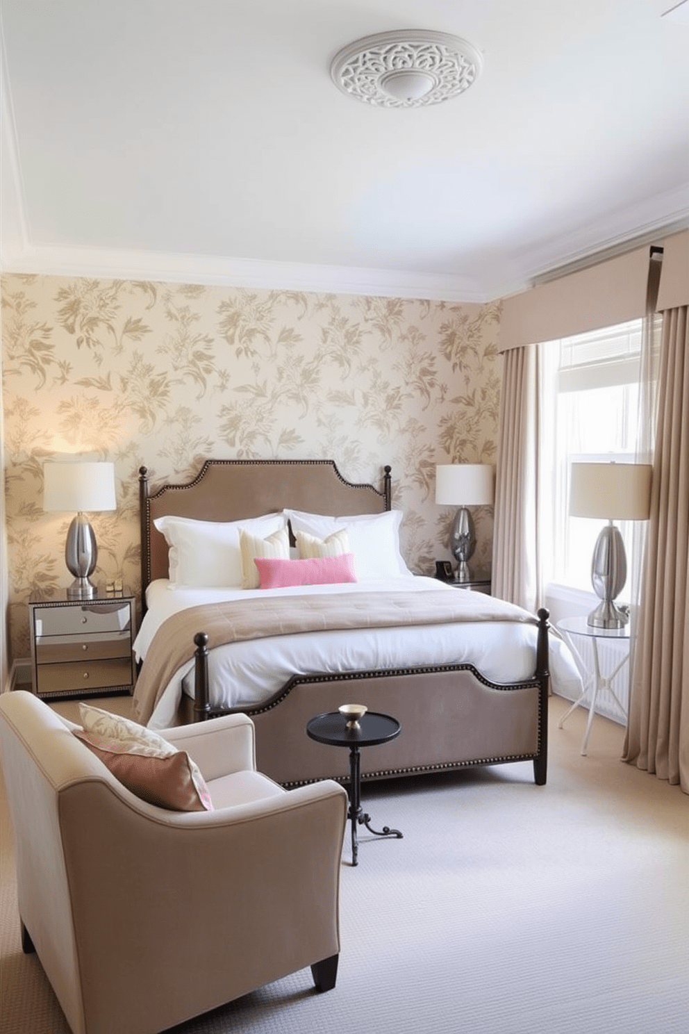 A charming guest bedroom featuring elegant wallpaper with a floral pattern that adds a touch of personality to the space. The room includes a plush queen-sized bed dressed in soft linens, flanked by two stylish nightstands with modern lamps. A cozy reading nook is created by a comfortable armchair placed near a window, accompanied by a small side table. The color palette consists of soft pastels, enhancing the inviting atmosphere of the room.