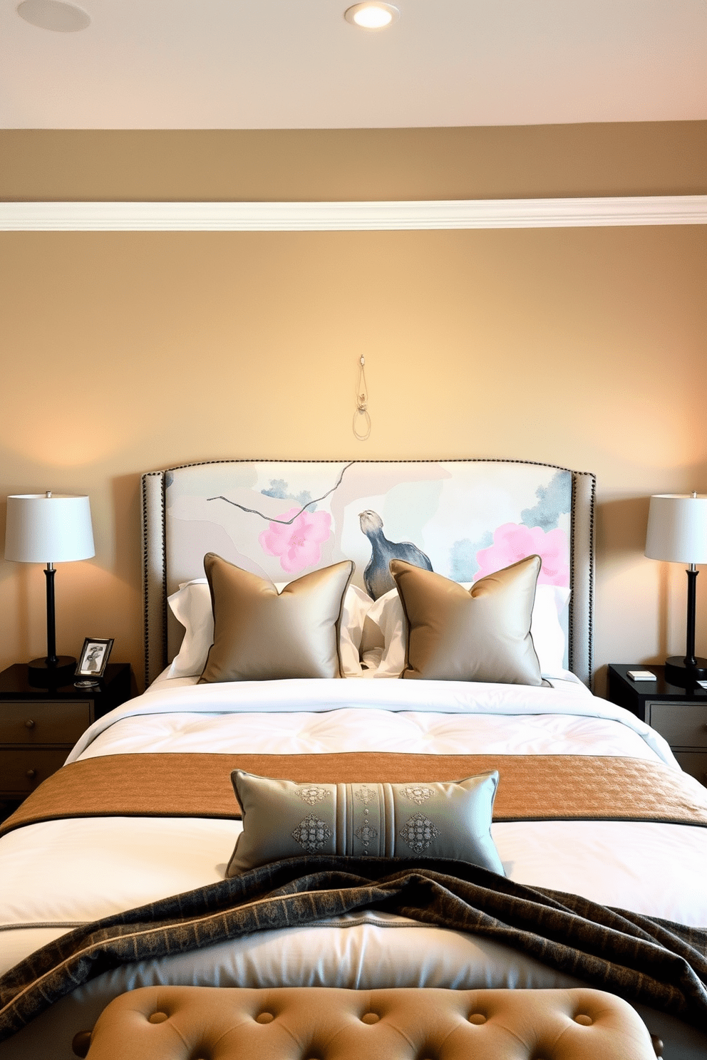 Artistic headboard as a focal point in a guest bedroom. The headboard features an abstract design with soft pastel colors that complement the bedding. Surrounding the headboard, the walls are painted in a warm beige tone. A pair of stylish bedside tables with modern lamps flank the bed, enhancing the inviting atmosphere.