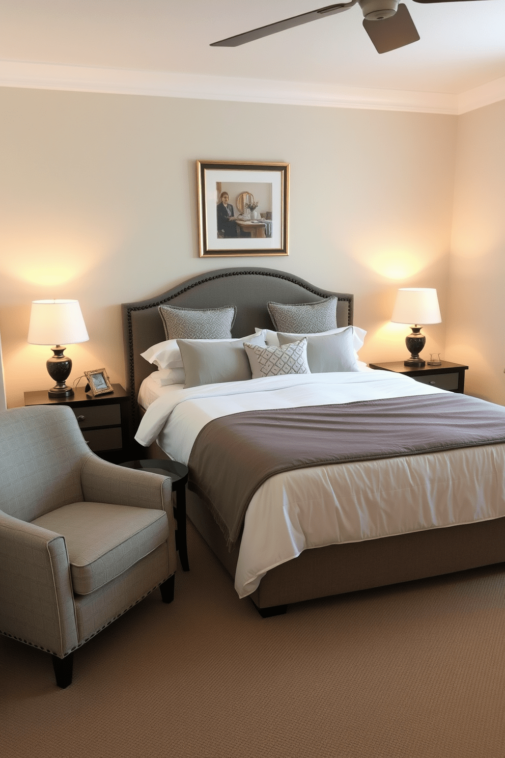 A cozy guest bedroom designed for relaxation. The room features a plush queen-sized bed with soft linens and an array of decorative pillows. Beside the bed, there are stylish nightstands with warm lamps that create a soothing ambiance. A comfortable armchair is positioned in the corner, accompanied by a small side table for added convenience.