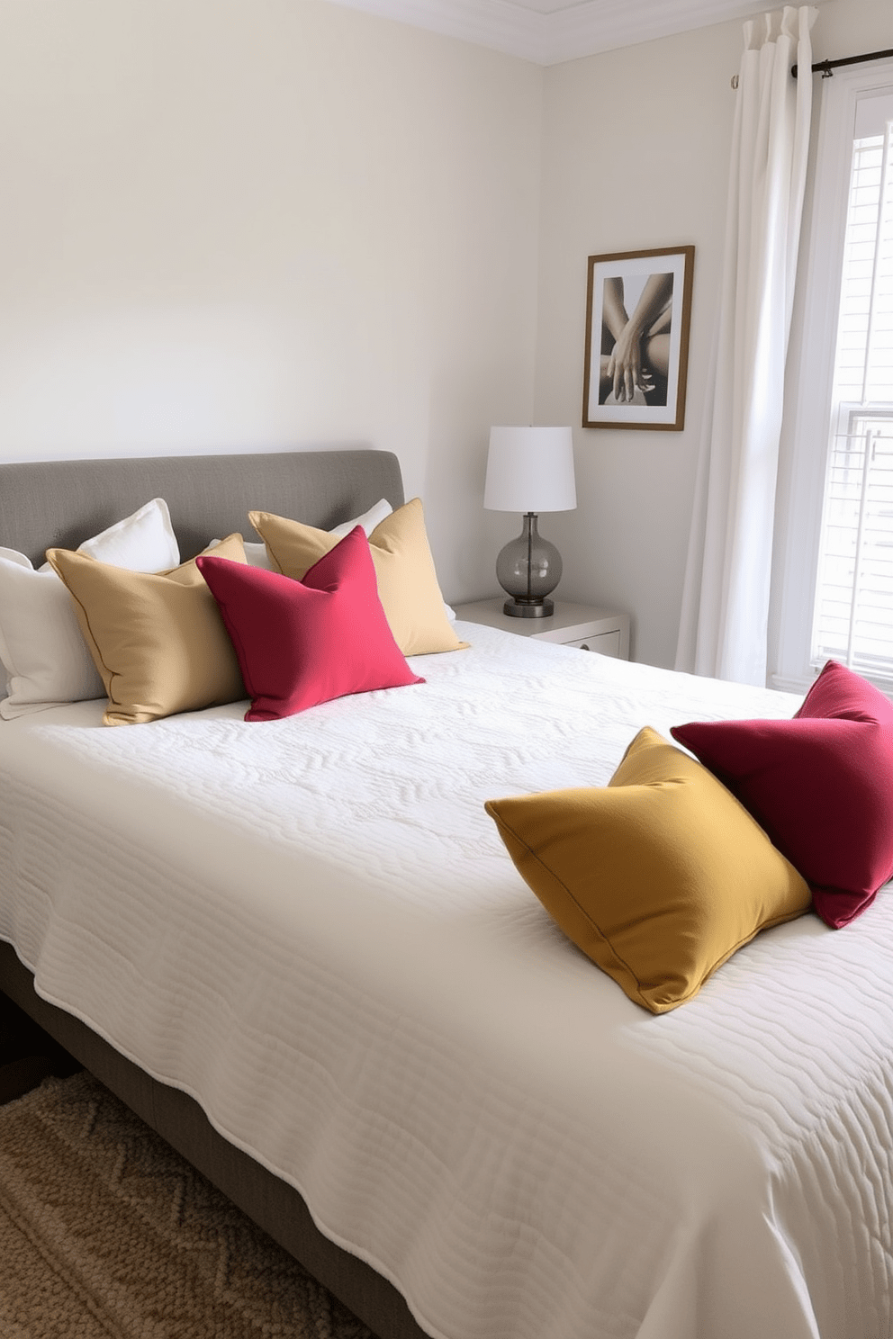 Seasonal decor for a fresh look. The room features a cozy bed adorned with a light quilt and colorful throw pillows that reflect the current season's colors. Guest bedroom design ideas. A stylish nightstand with a sleek lamp sits beside the bed, and a soft area rug adds warmth to the space.