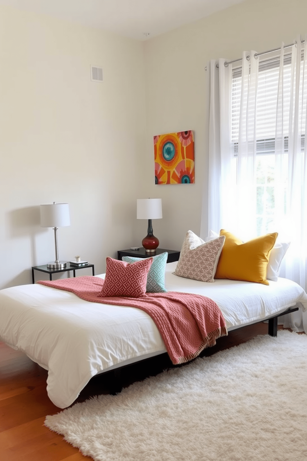 A bright and inviting guest bedroom featuring a plush bed adorned with colorful accent pillows in various patterns and textures. The walls are painted a soft pastel hue, and a cozy area rug adds warmth to the hardwood floor. A stylish bedside table holds a modern lamp, and a vibrant piece of artwork hangs above the bed. Natural light floods the room through sheer curtains, creating a cheerful and welcoming atmosphere.