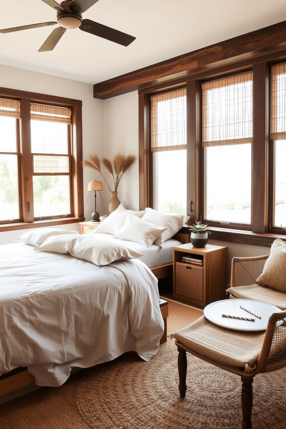 A serene guest bedroom designed with sustainable materials. The bed is crafted from reclaimed wood and adorned with organic cotton linens in soft earth tones. Natural light floods the room through large windows with bamboo shades. A cozy seating area features a jute rug and furniture made from recycled materials, promoting an eco-friendly atmosphere.