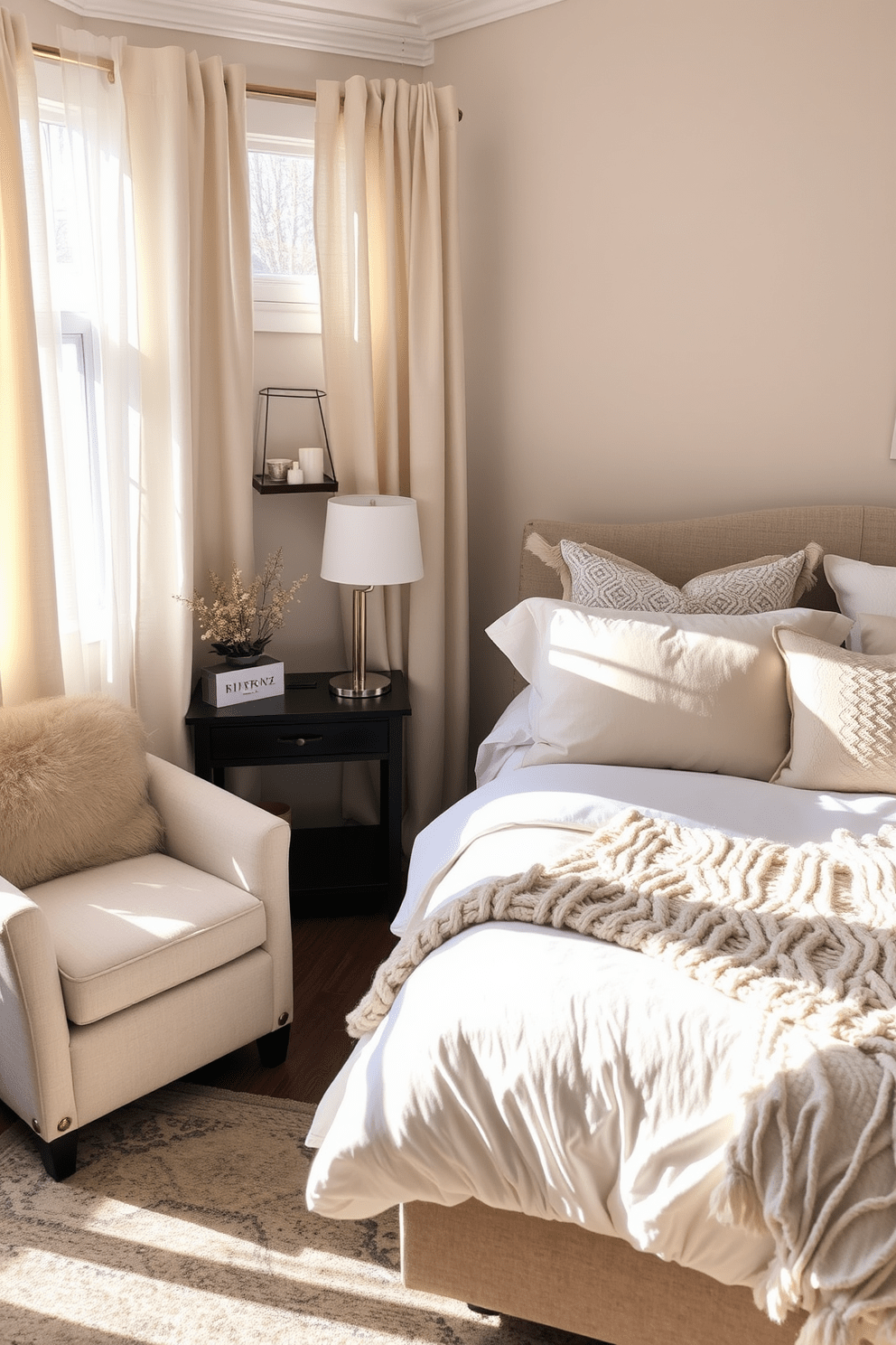 A cozy guest bedroom featuring layered bedding in soft neutral tones. The bed is adorned with plush pillows and a chunky knit throw, creating an inviting atmosphere. Natural light floods the room through sheer curtains, highlighting a stylish nightstand with a small lamp. A comfortable armchair is placed in the corner, complemented by a patterned area rug beneath.