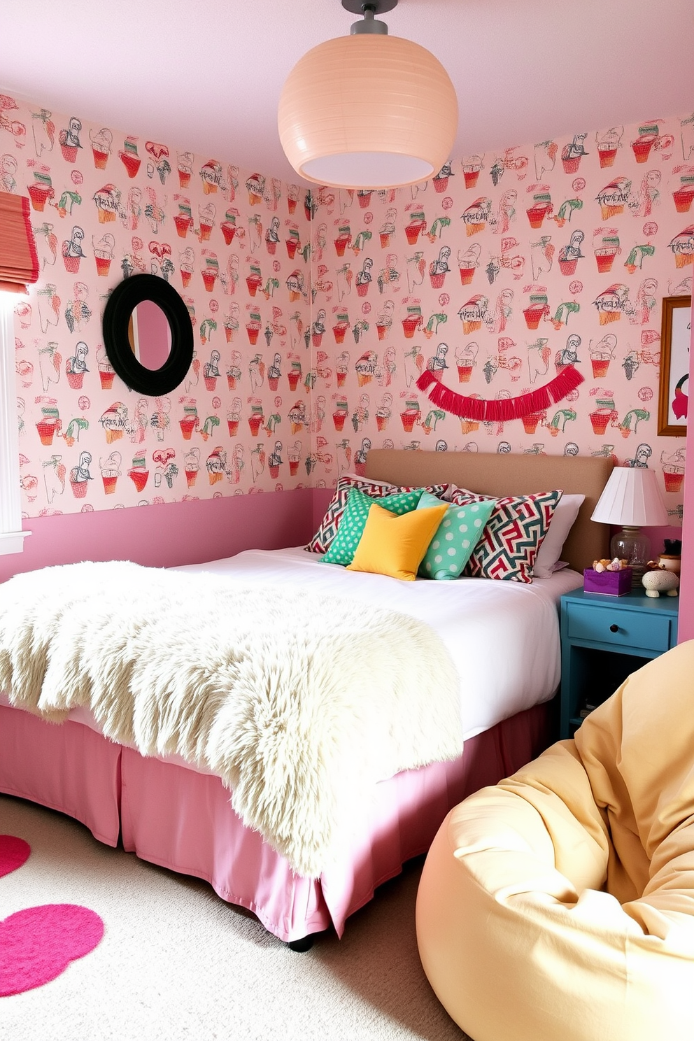 A whimsical guest bedroom filled with playful decor elements. The walls are painted in soft pastel colors, and a fun patterned wallpaper features cheerful illustrations. A cozy bed with a fluffy comforter is adorned with vibrant throw pillows in various shapes. An oversized bean bag chair in the corner adds a touch of comfort and playfulness to the space.