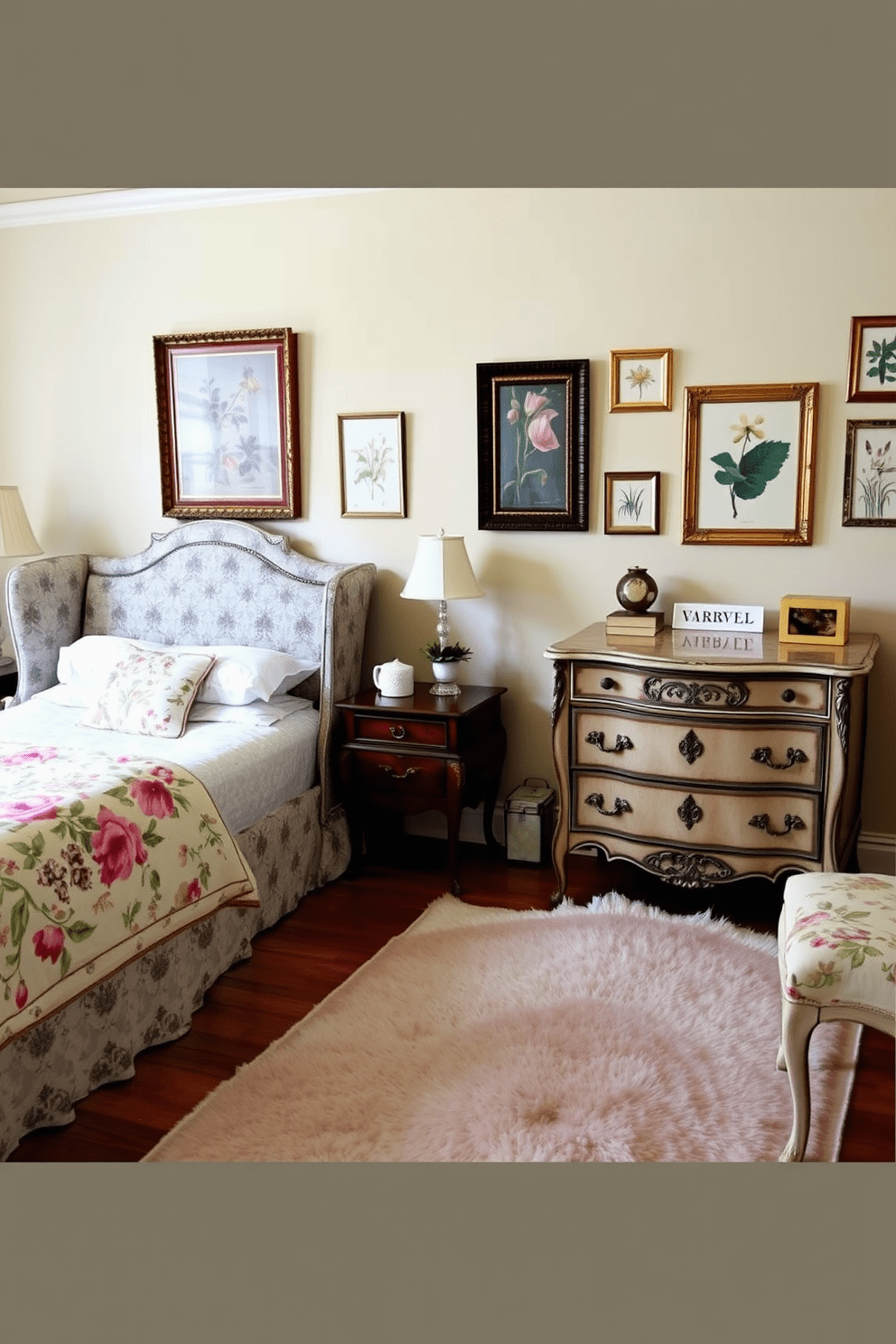 A cozy guest bedroom featuring vintage furniture that adds a charming touch. The room includes a beautifully upholstered wingback bed with a floral pattern and a distressed wooden nightstand beside it. A vintage dresser with ornate details sits against one wall, complemented by a plush area rug in soft pastels. The walls are painted in a warm cream color, and a collection of framed botanical prints adorns the space, enhancing the inviting atmosphere.