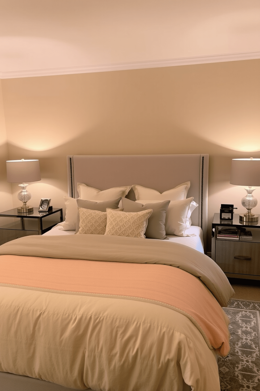 A cozy guest bedroom featuring soft lighting that creates a warm ambiance. The bed is dressed in plush linens with a mix of neutral and pastel colors, complemented by decorative pillows. A pair of bedside tables flanks the bed, each topped with stylish lamps that emit a gentle glow. The walls are painted in a soft beige, and a large area rug adds texture and comfort underfoot.