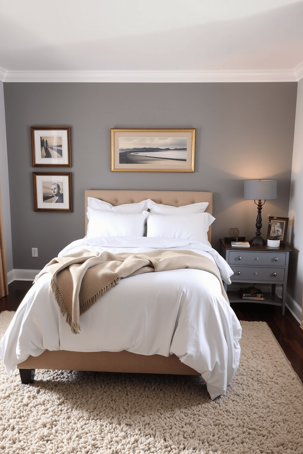 A guest bedroom featuring a plush area rug that adds warmth and comfort underfoot. The bed is dressed in soft linens with an inviting throw blanket draped across the foot, creating a welcoming atmosphere. The room is adorned with tasteful artwork that complements the color palette, enhancing the overall aesthetic. A bedside table holds a stylish lamp, providing a soft glow for evening reading.