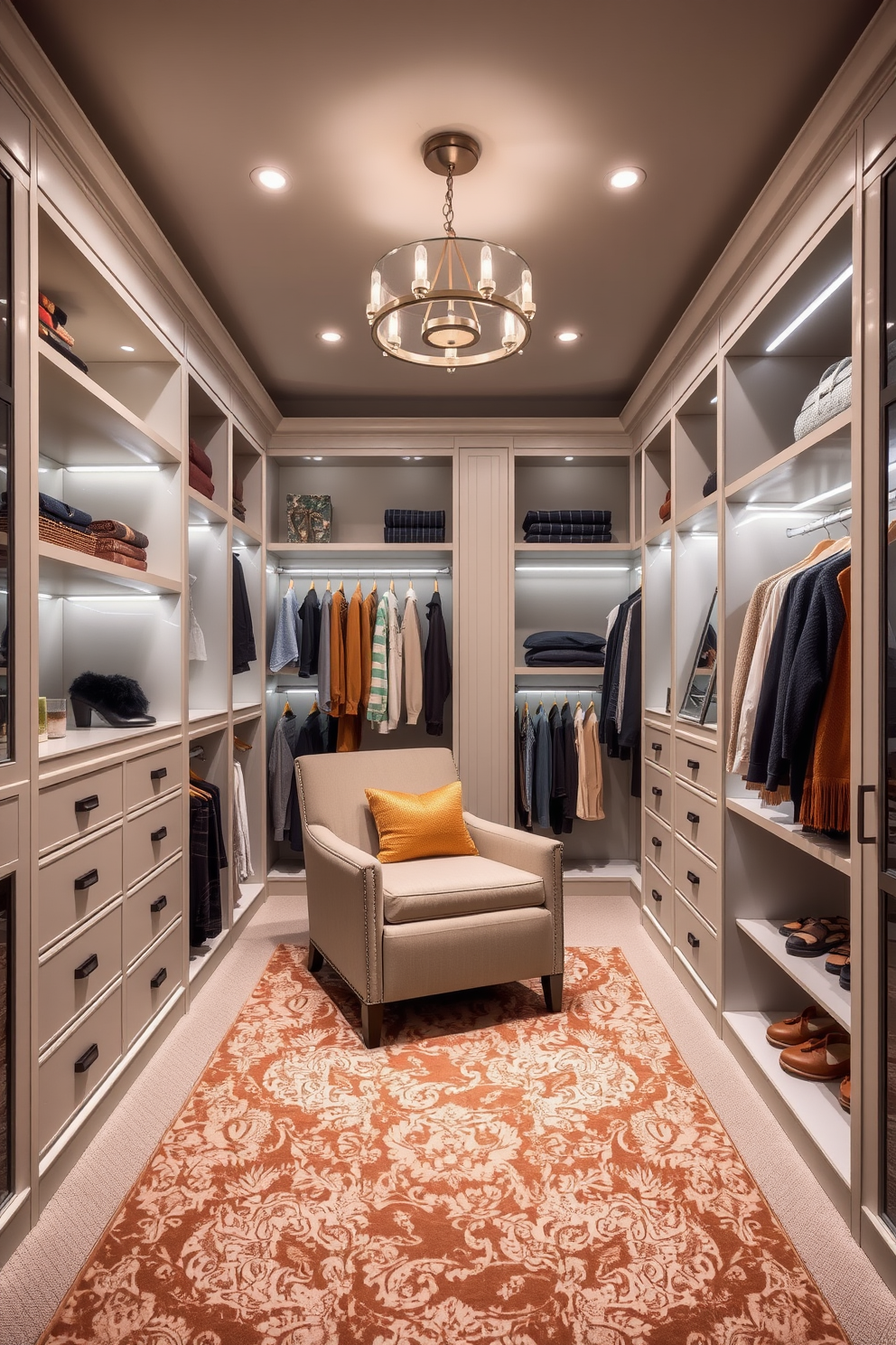 A spacious walk-in closet designed for a guest bedroom features expansive shelving units that provide easy access to clothing and accessories. The shelves are complemented by elegant lighting that enhances visibility and creates a welcoming atmosphere. The closet includes a cozy seating area with a plush chair, inviting guests to relax while choosing their outfits. Soft, neutral colors on the walls and a stylish area rug add warmth and sophistication to the space.