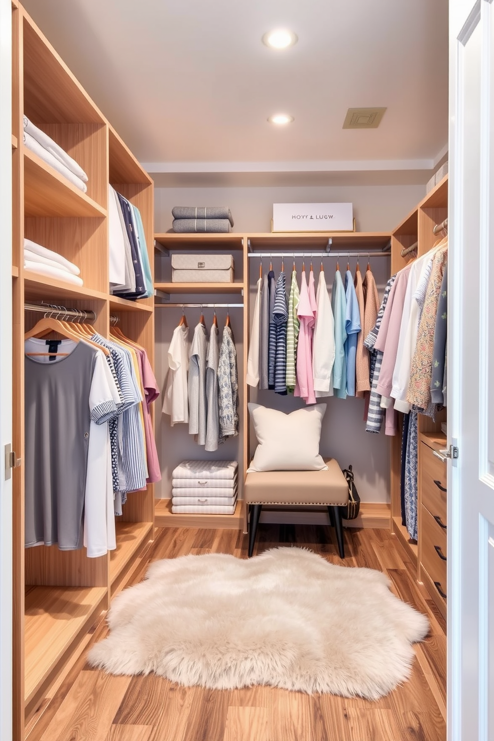 A stylish walk-in closet designed for a guest bedroom. The space features color-coordinated clothing organized on sleek wooden shelves and hanging rods. Soft lighting illuminates the room, highlighting the pastel tones of the clothing. A plush area rug adds warmth, while a comfortable seating nook invites guests to relax and enjoy the space.