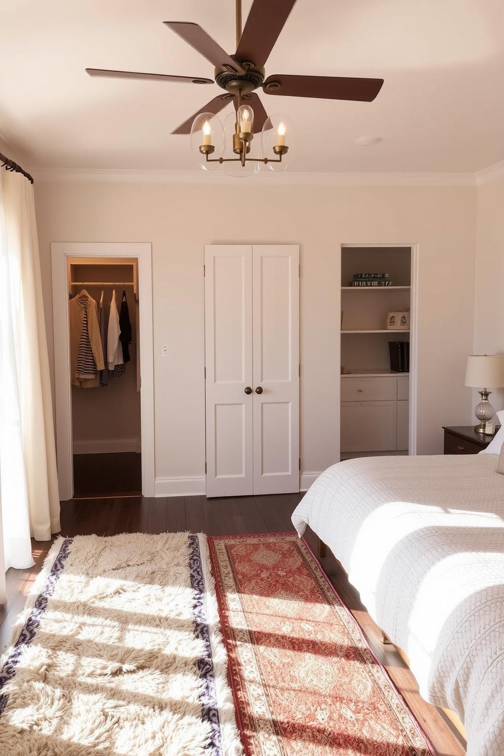 A cozy guest bedroom features soft rugs that add warmth underfoot. The room is adorned with plush bedding, and natural light filters through sheer curtains. The walk-in closet is designed with ample shelving and hanging space for organization. Elegant lighting fixtures illuminate the area, creating a welcoming atmosphere.