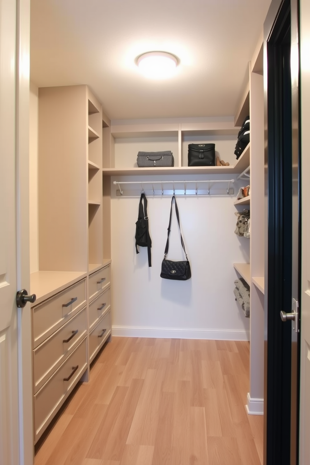 A spacious walk-in closet designed for a guest bedroom features built-in shelving and hooks for accessories and bags. The walls are painted in a soft beige tone, and the flooring is a light hardwood that adds warmth to the space.