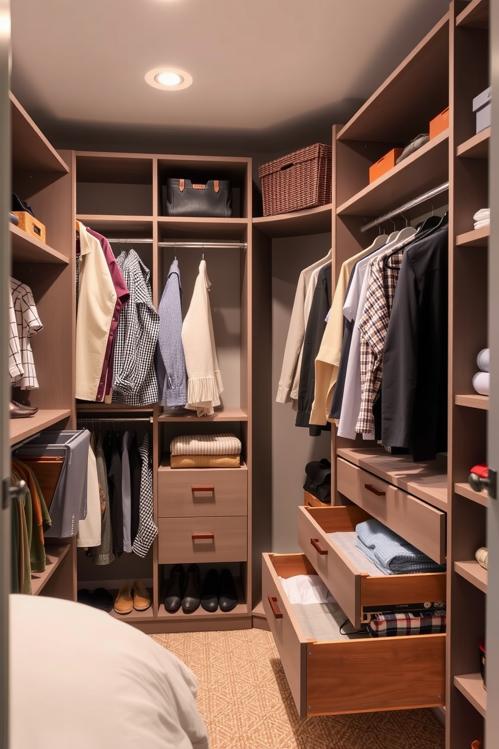 Create a guest bedroom walk-in closet that maximizes vertical storage solutions for efficiency. Incorporate floor-to-ceiling shelving units, hanging rods, and pull-out drawers to ensure ample space for clothing and accessories.