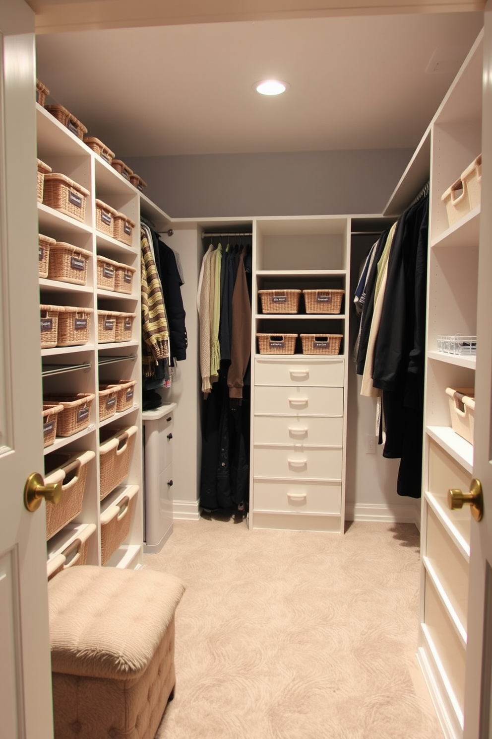 A spacious walk-in closet designed for a guest bedroom features labeled bins in various sizes for easy identification of belongings. The walls are lined with custom shelving, and a plush area rug adds warmth to the space.