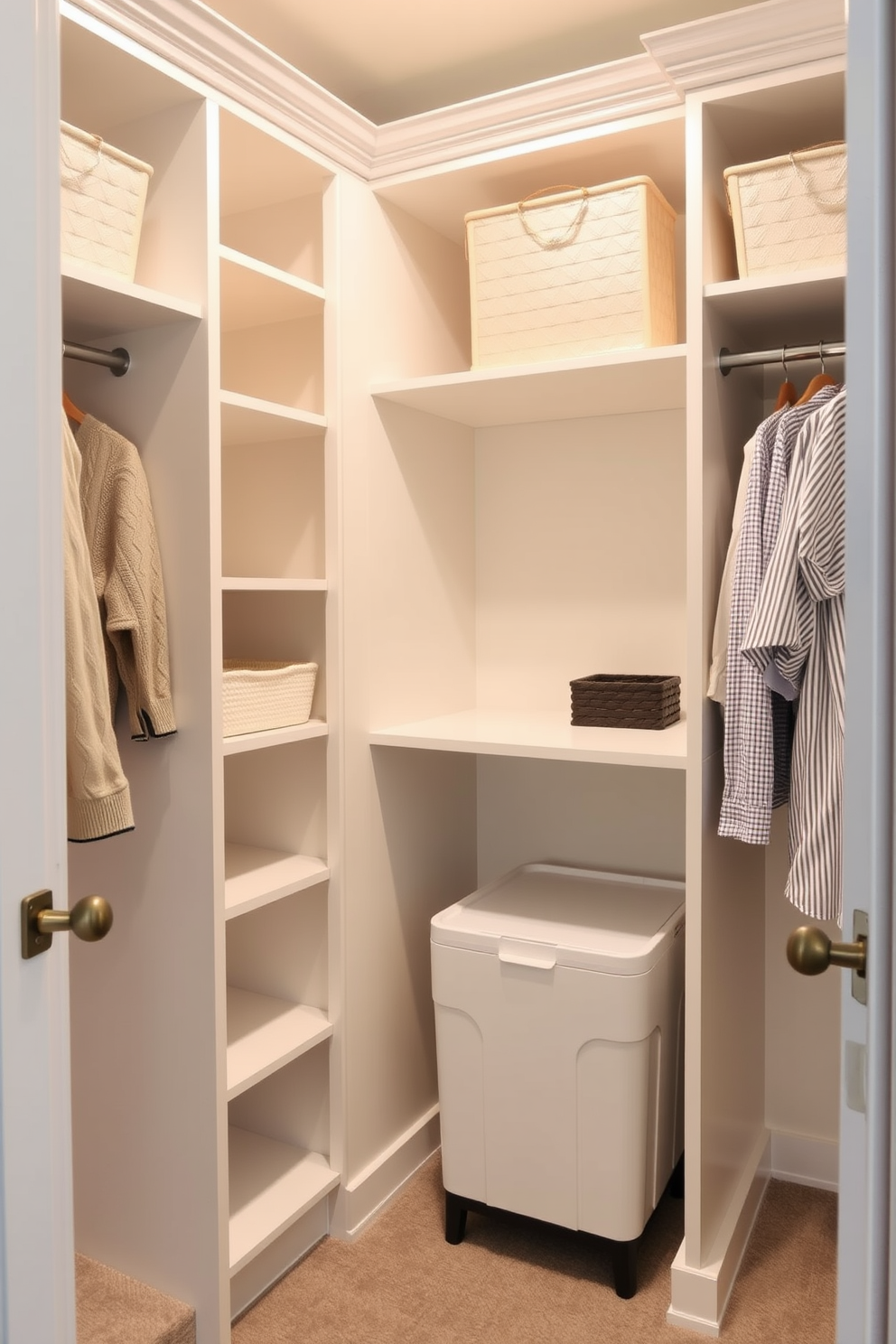 A stylish guest bedroom walk-in closet features an integrated laundry hamper for convenience. The closet includes built-in shelving and hanging space, with soft lighting that highlights the organized layout.