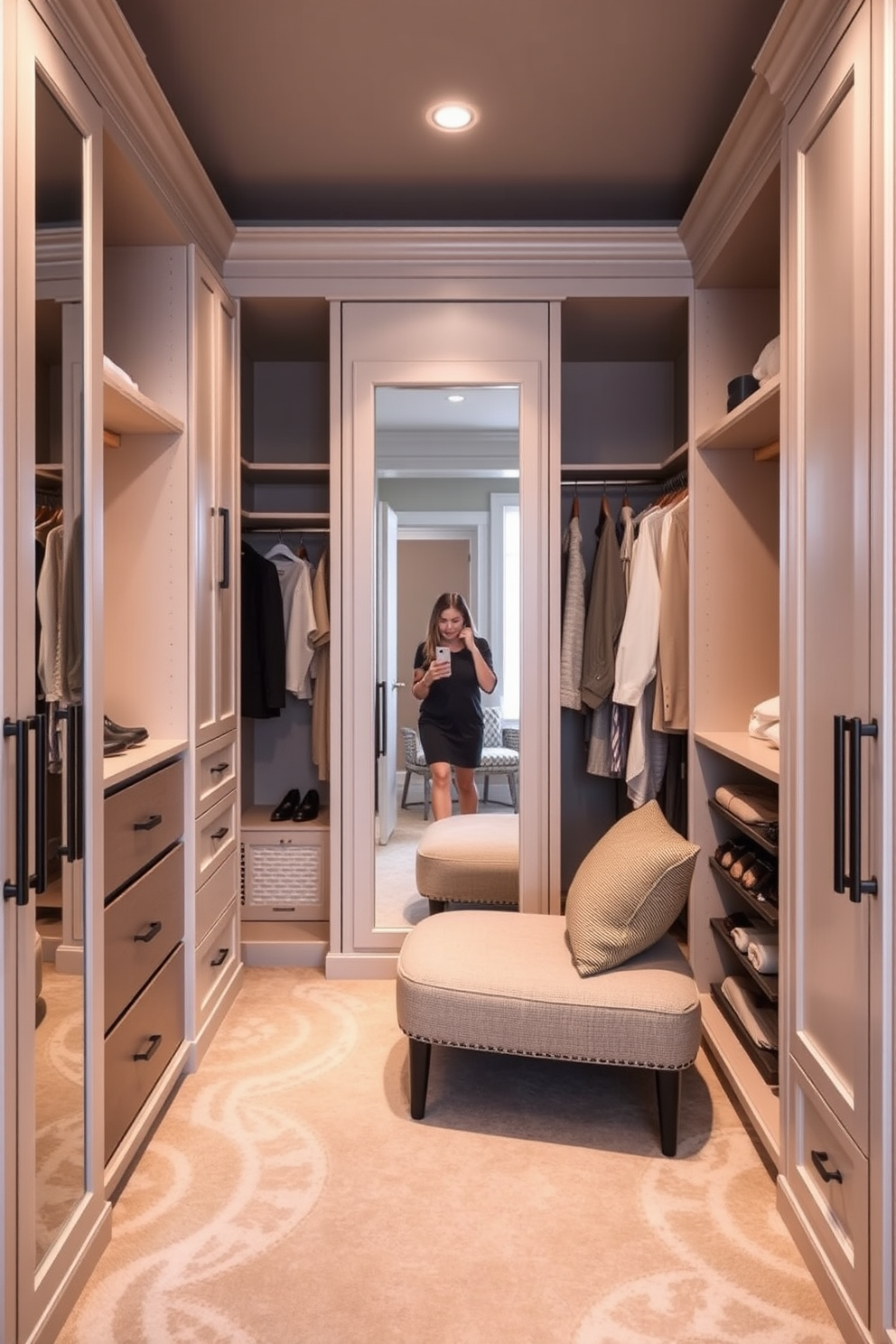 A spacious walk-in closet designed for a guest bedroom featuring a full-length mirror positioned for easy outfit checks. The closet includes built-in shelving, hanging rods, and a cozy seating area with soft lighting to create an inviting atmosphere.