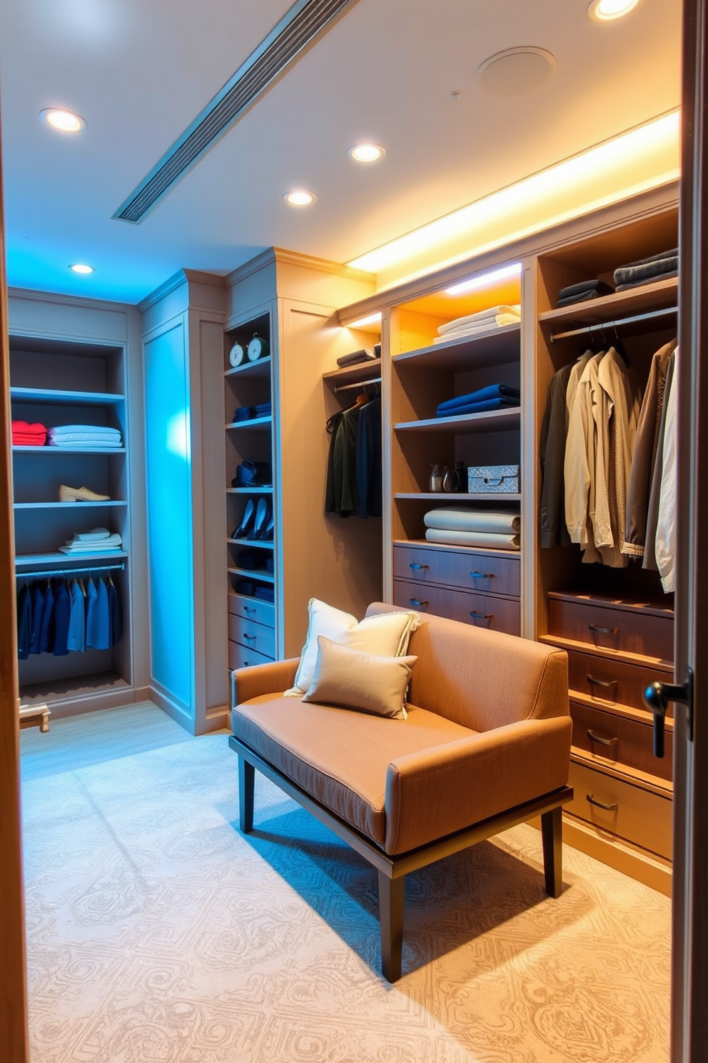 Soft lighting creates a warm and inviting atmosphere in the guest bedroom walk-in closet. The closet features built-in shelving, a plush seating area, and elegant storage solutions to maximize space and style.