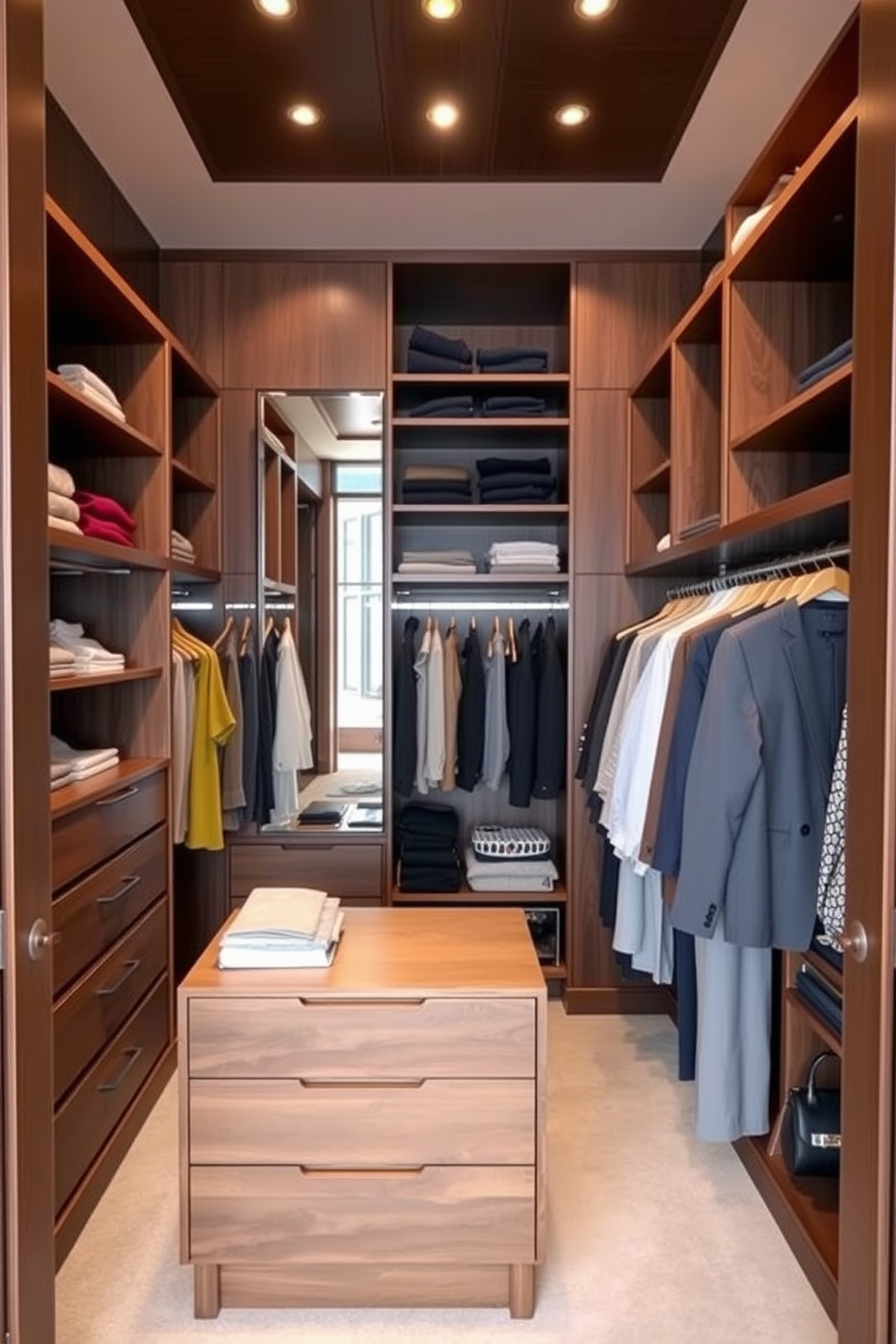 A stylish and functional walk-in closet designed for seasonal clothing rotation. The space features organized shelving units, elegant hanging rods, and a central island with drawers for accessories and folded items. Soft lighting illuminates the closet, highlighting the rich wooden finishes and a full-length mirror. Color-coded sections for each season ensure easy access and a visually appealing arrangement.