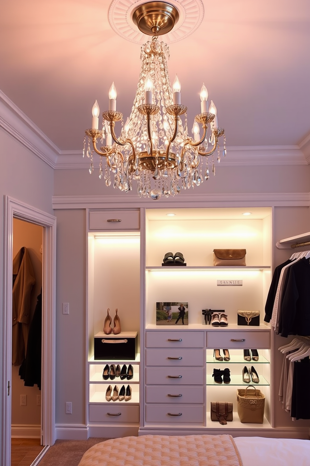 Elegant lighting fixtures for style. The room features a stunning chandelier with crystal accents hanging from the ceiling, casting a warm glow across the space. Guest bedroom walk-in closet design ideas. The closet includes custom-built shelving and hanging space, with soft LED lighting illuminating the elegant shoe display and accessories.