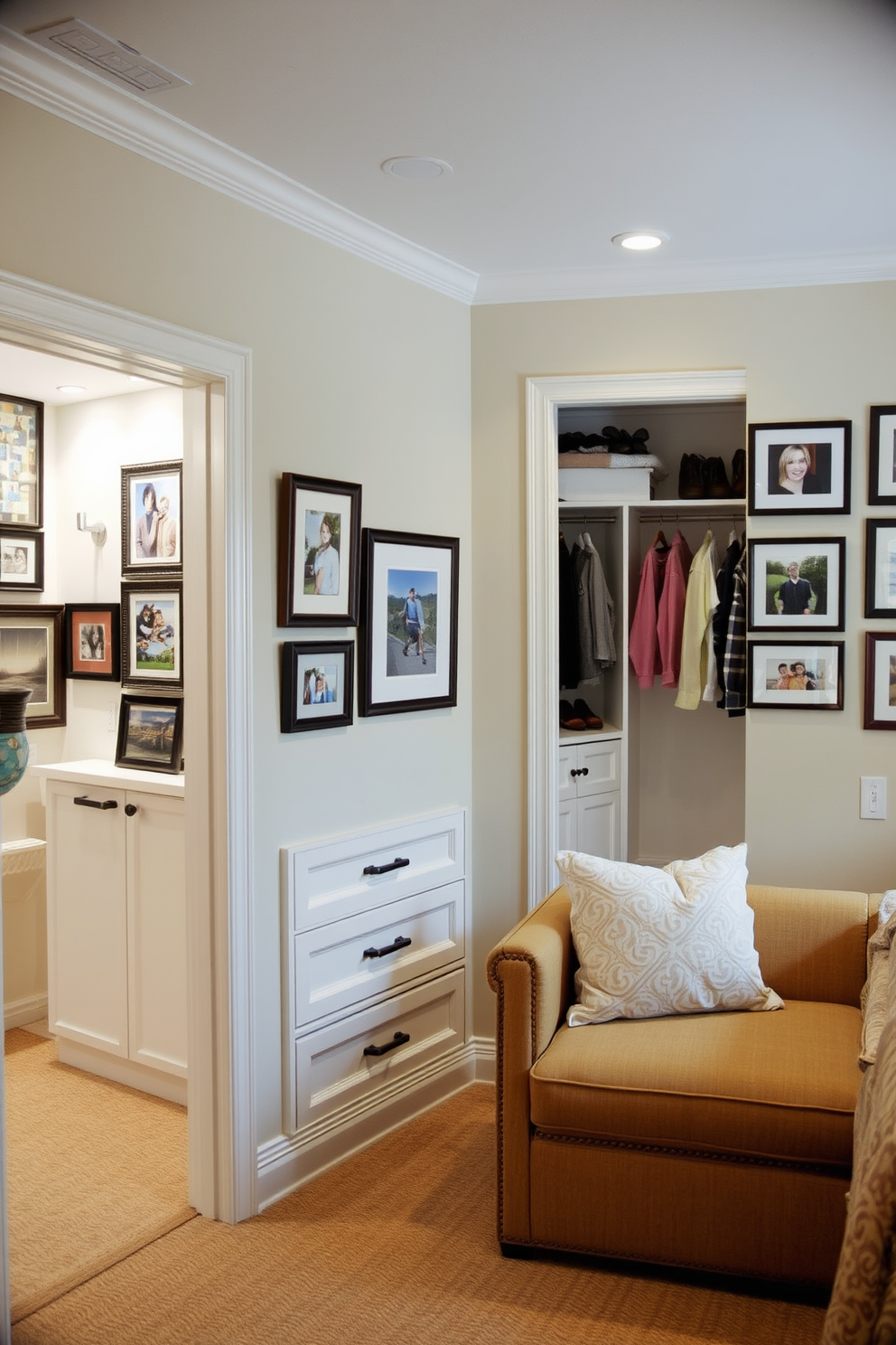 A cozy guest bedroom featuring personalized artwork that reflects the personality of the guests. The walls are adorned with framed prints and photographs, creating a welcoming and unique atmosphere. The walk-in closet is designed with ample storage solutions, including built-in shelves and hanging spaces. Soft lighting illuminates the space, highlighting the custom cabinetry and plush seating area for added comfort.