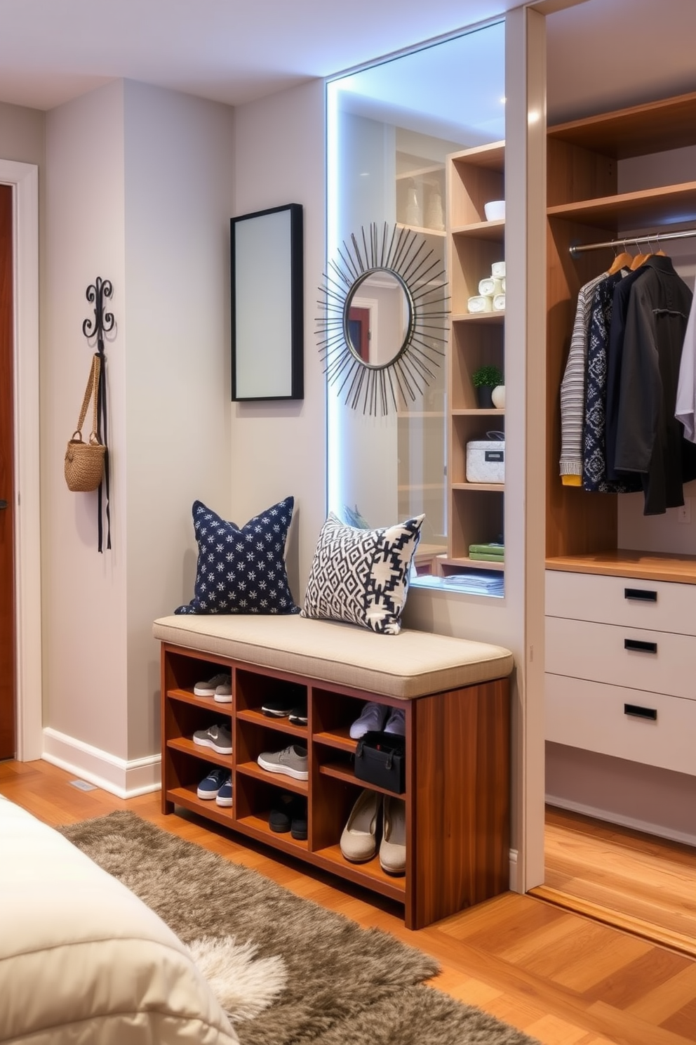 Functional shoe storage solutions. A sleek wooden shoe cabinet with multiple compartments is placed near the entryway, featuring a cushioned bench on top for easy seating while putting on shoes. The cabinet is complemented by a stylish wall-mounted coat rack and a decorative mirror, enhancing the overall functionality and aesthetic of the space. Guest bedroom walk-in-closet design ideas. The walk-in closet features custom shelving and hanging rods, maximizing storage for clothing and accessories. Soft LED lighting illuminates the space, while a plush area rug adds comfort, creating an inviting atmosphere for guests.