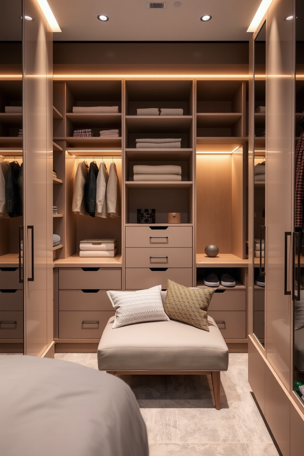 A guest bedroom walk-in closet featuring hidden compartments for valuable items. The design includes sleek cabinetry with integrated storage solutions that blend seamlessly into the overall aesthetic. Soft ambient lighting illuminates the space, highlighting the organized shelves and drawers. A comfortable seating area is included, providing a cozy spot for guests to relax while accessing their belongings.