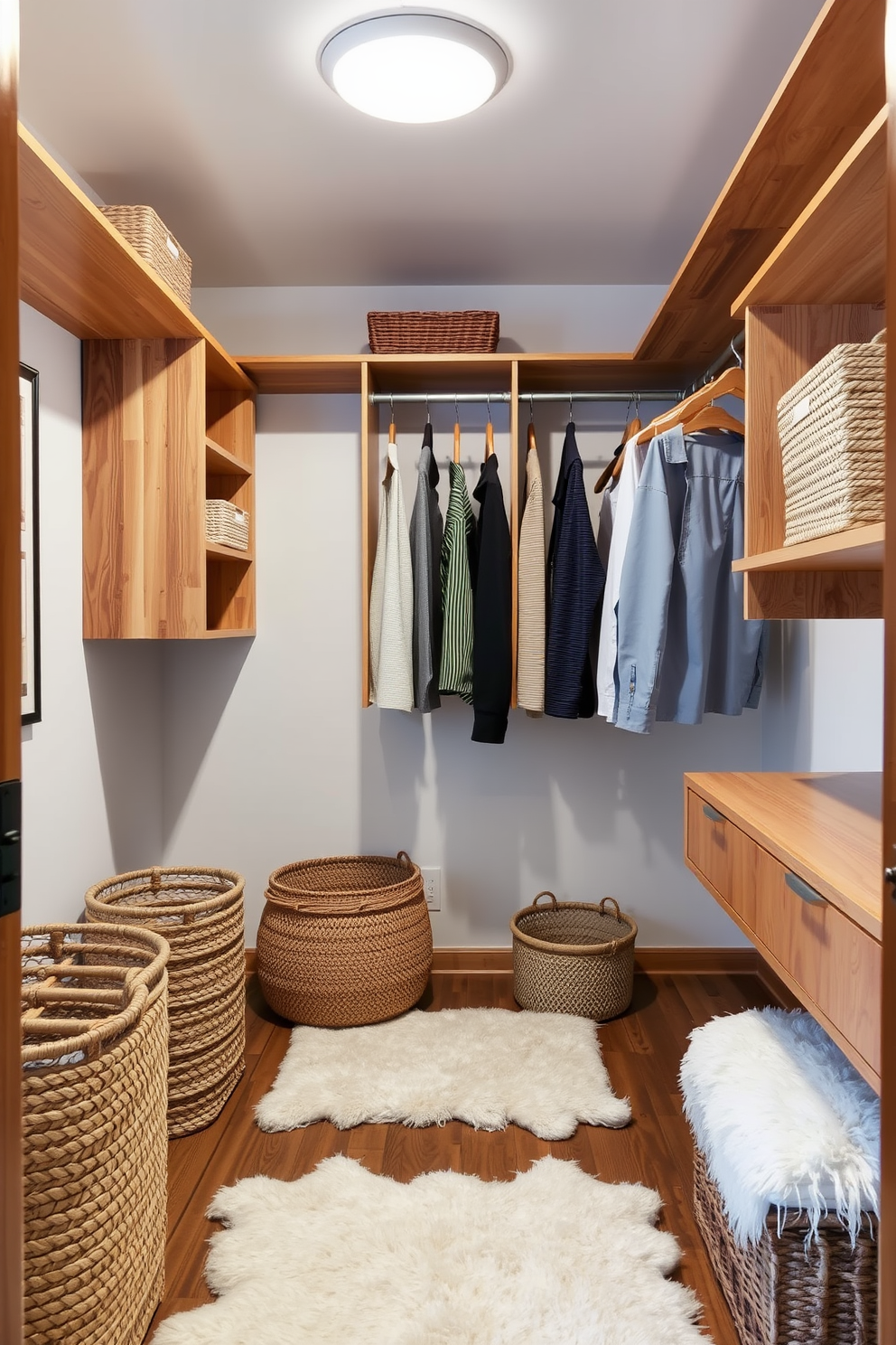 A guest bedroom walk-in closet featuring natural wood shelving and hanging racks creates a warm and inviting atmosphere. Soft lighting illuminates the space, highlighting the textures of woven baskets and plush rugs that add comfort and style.