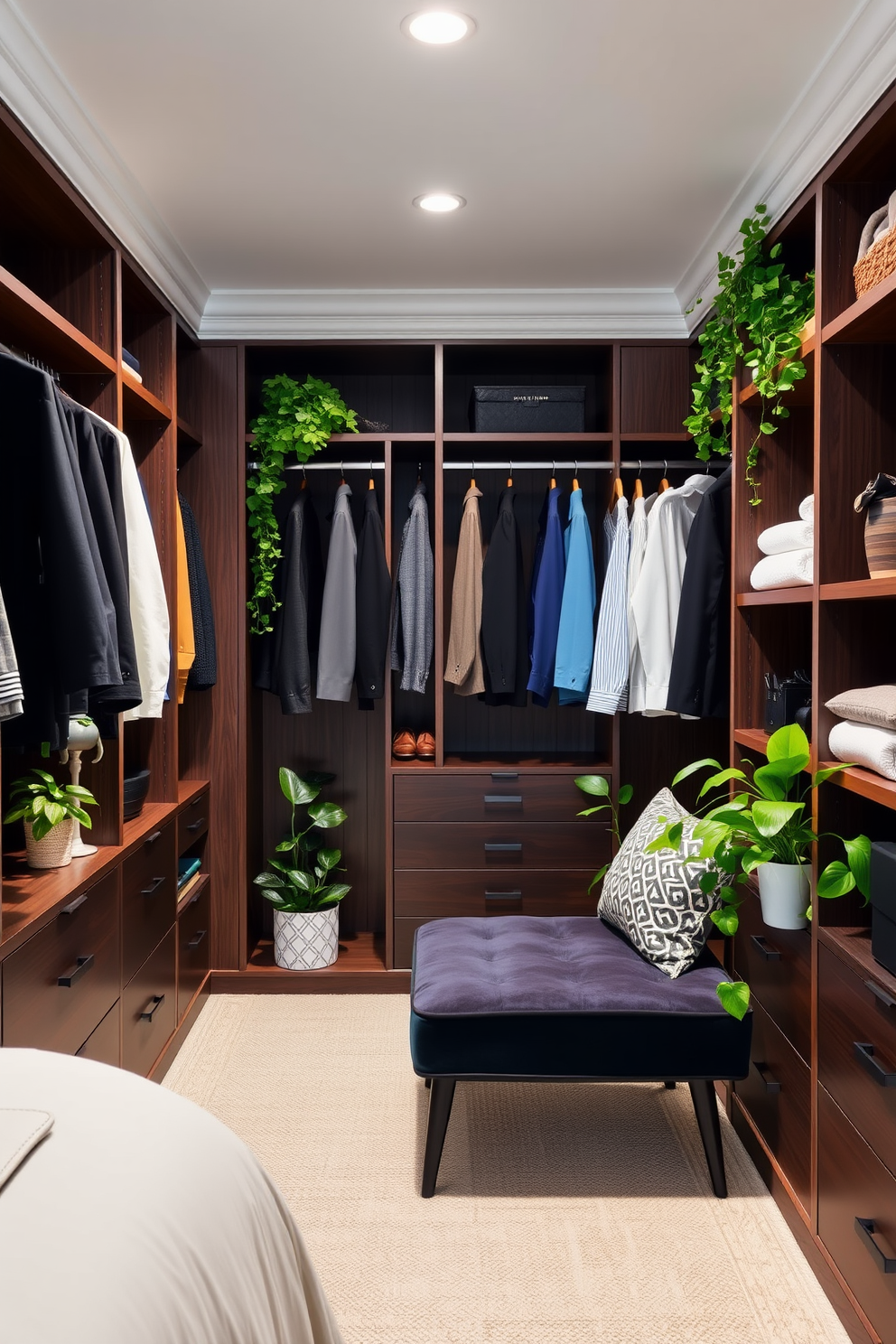 A guest bedroom walk-in closet featuring fresh plants to add a lively touch. The closet is spacious with built-in shelving and hanging space, complemented by a cozy seating area adorned with greenery.