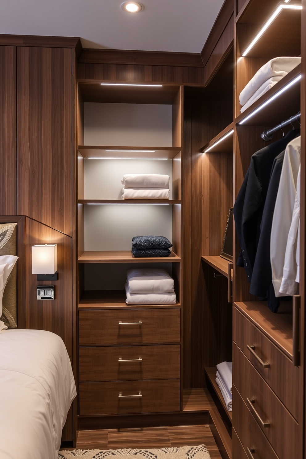 A stylish guest bedroom walk-in closet features adjustable shelving that allows for personalized organization and flexibility. The space is designed with elegant wooden finishes and soft ambient lighting to create a welcoming atmosphere.