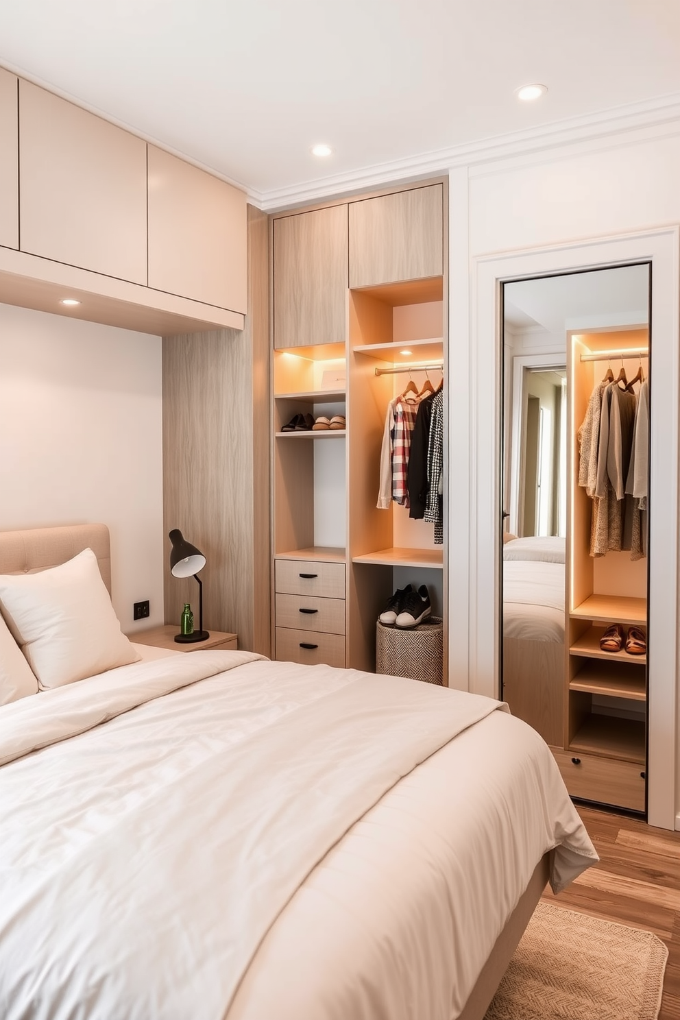 A cozy guest bedroom designed for compact spaces features a queen-sized bed with built-in storage beneath the mattress. Soft, neutral bedding complements the light gray walls, while a small bedside table holds a stylish lamp. Adjacent to the bedroom, the walk-in closet maximizes functionality with custom shelving and hanging space. A full-length mirror is mounted on the door, and warm LED lighting enhances the organized layout.