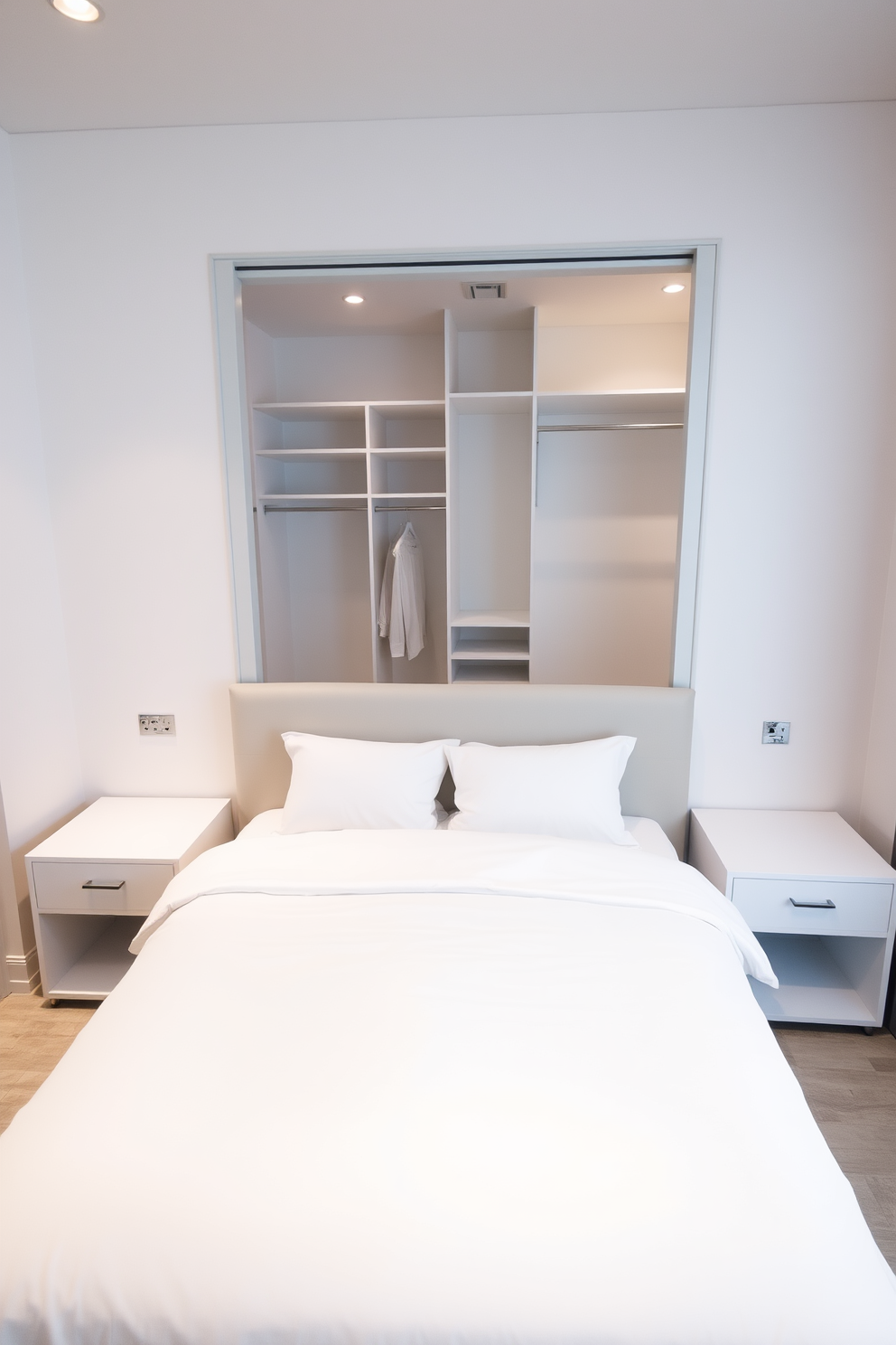 A serene guest bedroom featuring a minimalist design. The bed is dressed in crisp white linens with a simple, elegant headboard and two matching nightstands on either side. The walk-in closet is spacious and organized, with built-in shelving and hanging rods. Soft, ambient lighting enhances the clean lines and uncluttered aesthetic of the space.