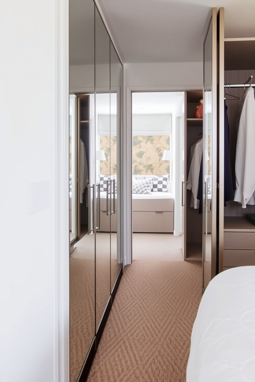 A stylish guest bedroom walk-in closet features mirrored doors that reflect light and enhance the sense of space. The interior is designed with custom shelving and hanging areas, providing ample storage while maintaining an elegant aesthetic.