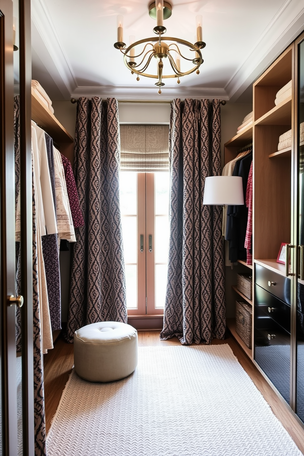 A guest bedroom walk-in closet featuring textured fabrics that add visual interest. The closet includes plush velvet curtains and a soft woven area rug, creating a cozy and inviting atmosphere.