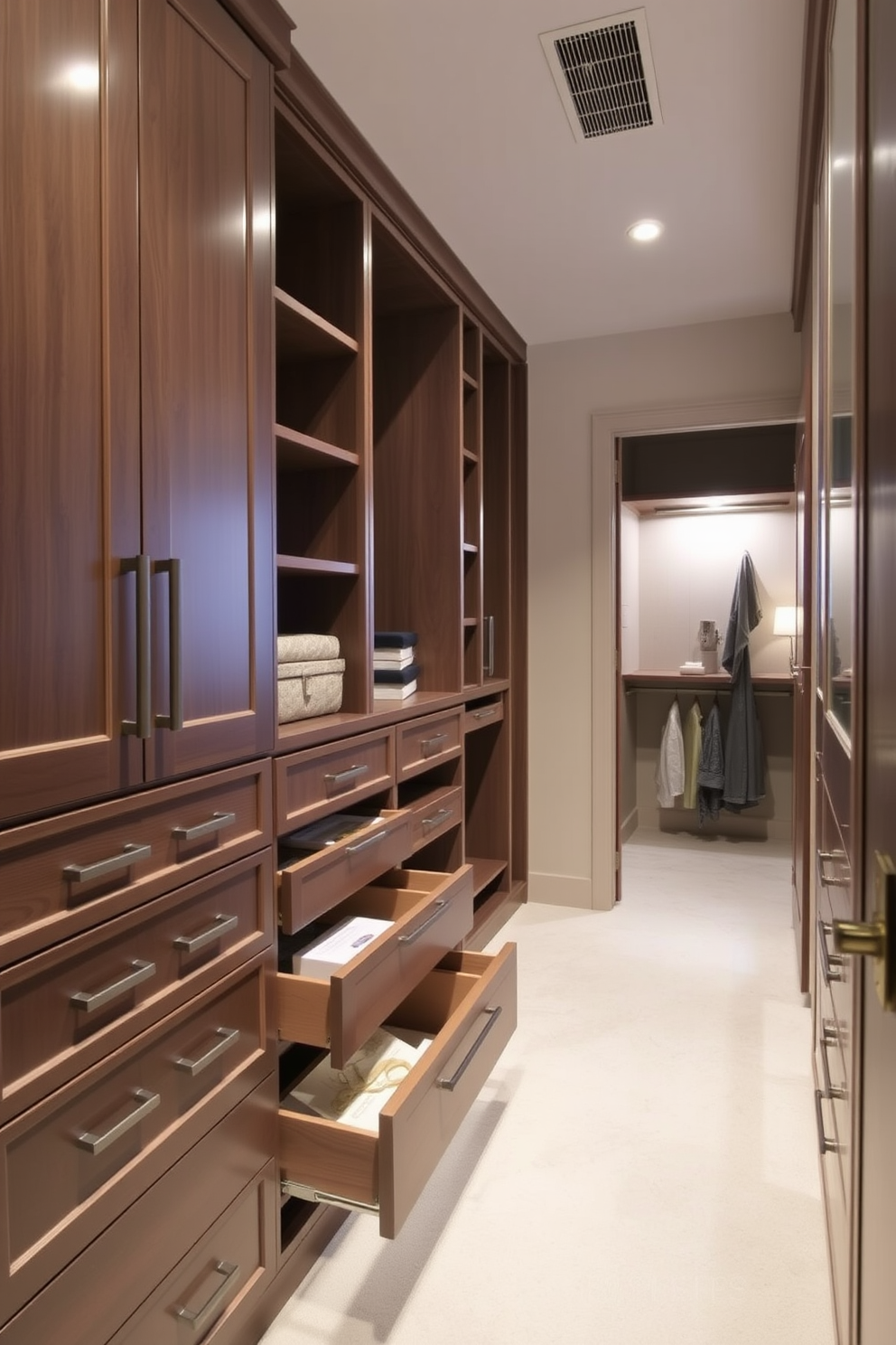 A stylish walk-in closet designed for a guest bedroom features built-in drawers that provide organized storage solutions. The space is illuminated by soft lighting, enhancing the elegant finishes of the cabinetry and creating a welcoming atmosphere.