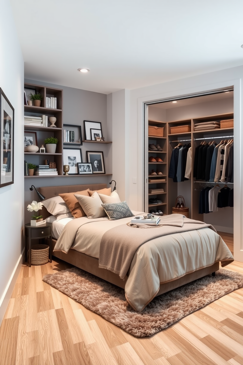 A cozy guest bedroom features open shelving along one wall, showcasing an array of decorative items such as books, plants, and framed photos. The bed is adorned with plush pillows and a soft throw blanket, creating an inviting atmosphere for visitors. The walk-in closet is designed with ample space for organization, featuring built-in shelving and hanging rods for clothing. Soft lighting illuminates the area, while a plush rug adds warmth to the elegant design.