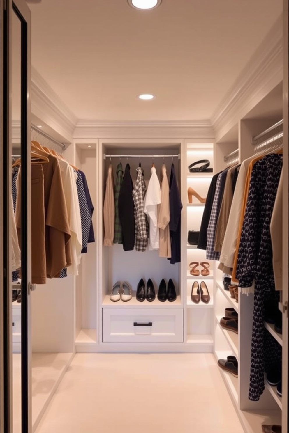 A stylish guest bedroom walk-in closet features hanging rods at varying heights to accommodate different clothing types. The space is illuminated by soft lighting, with built-in shelves for shoes and accessories, creating an organized and inviting atmosphere.