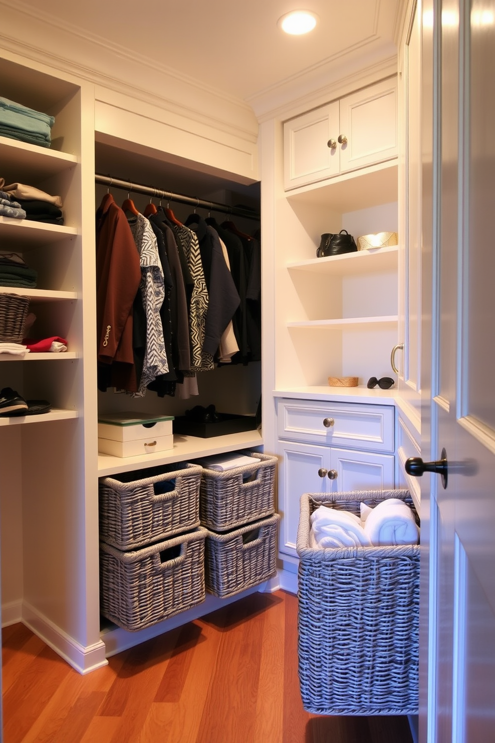 A spacious walk-in closet designed for a guest bedroom features pull-out baskets for easy retrieval of clothing and accessories. The walls are painted in a soft neutral tone, and the flooring is a warm hardwood that enhances the inviting atmosphere. The closet includes built-in shelving and hanging rods, allowing for organized storage of various garments. Soft lighting illuminates the space, highlighting the elegant details of the cabinetry and providing a welcoming ambiance for guests.