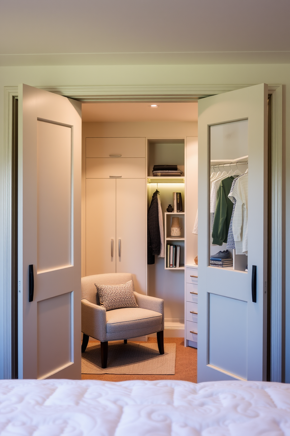 A guest bedroom featuring sliding doors that seamlessly integrate with the room's design. The walk-in closet is spacious and well-organized with built-in shelving and hanging space for clothes. The closet includes a cozy reading nook with a small chair and a bookshelf. Soft lighting enhances the warm atmosphere, making it a welcoming retreat for guests.