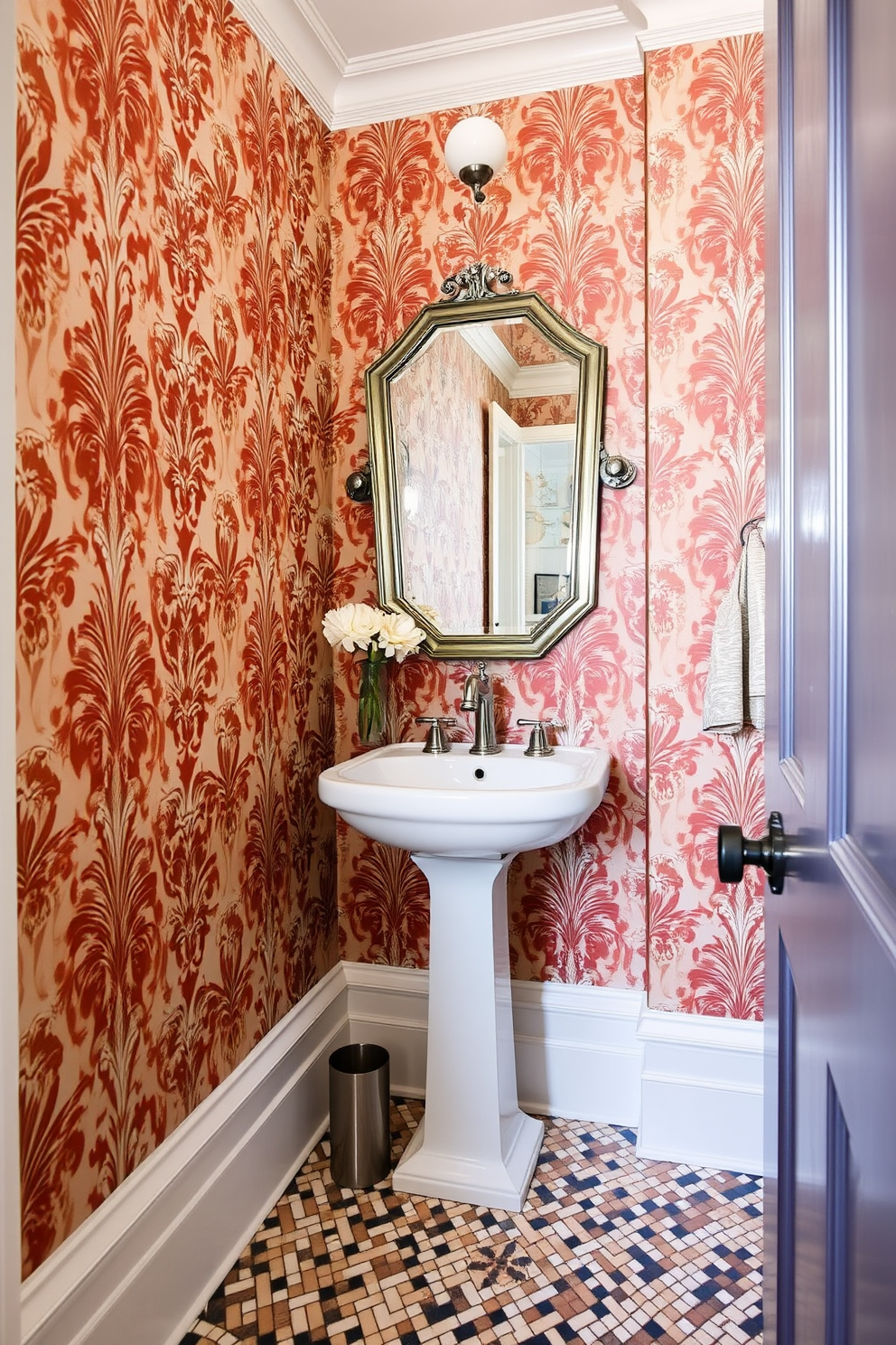 Elegant wallpaper with bold patterns creates a striking focal point in the half bath. The walls are adorned with intricate designs in rich colors, complementing the sleek fixtures and modern accents. A stylish pedestal sink is paired with a vintage-inspired mirror that enhances the room's charm. The flooring features a chic mosaic tile that adds texture and interest to the overall design.