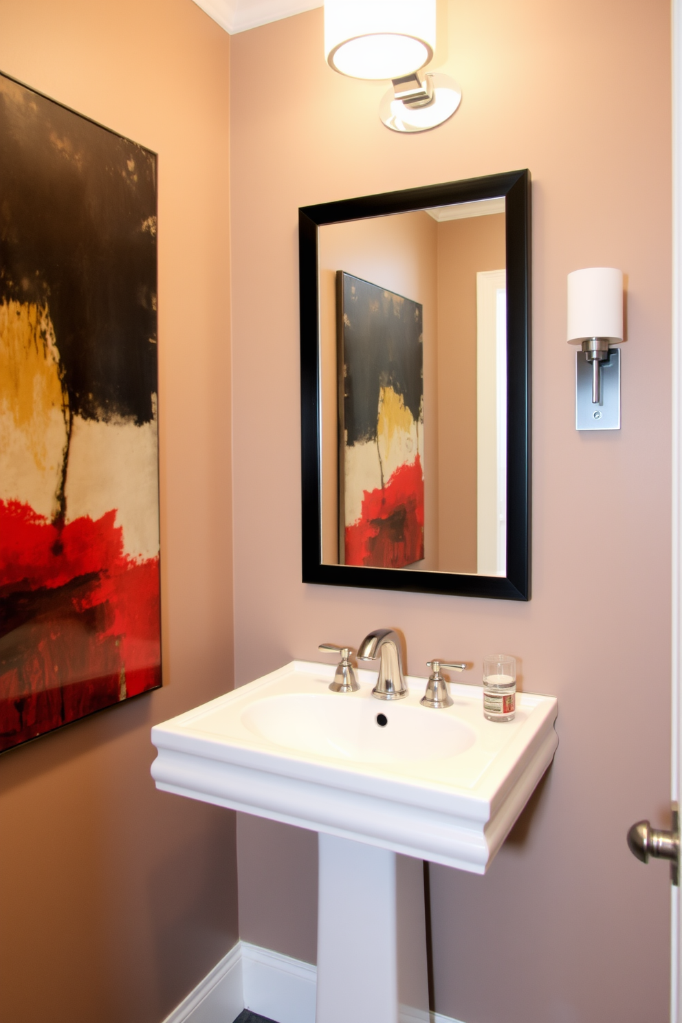 Create a half bath powder room that features artistic wall art as a focal point. The walls are adorned with a large abstract painting that adds a splash of color and visual interest to the space. Incorporate a sleek pedestal sink with elegant fixtures to maintain a clean aesthetic. A stylish mirror above the sink reflects the artwork and enhances the overall ambiance of the room.