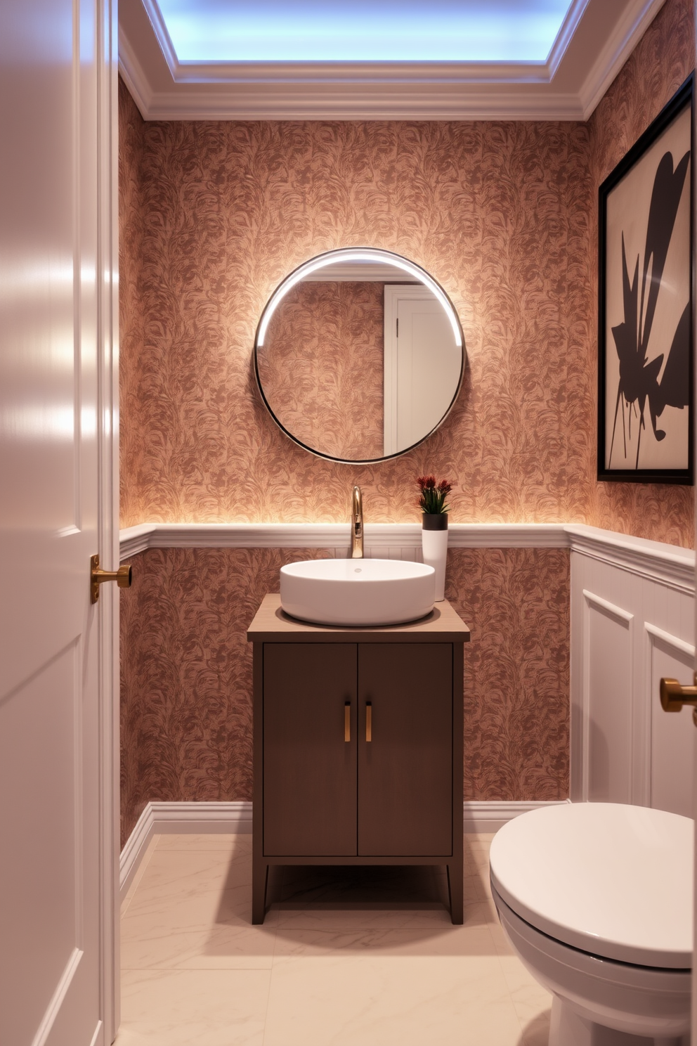 A stylish half bath featuring a statement faucet with a sleek modern finish. The walls are adorned with elegant wallpaper, and the flooring showcases polished marble tiles. A compact vanity with a minimalist design is complemented by a round mirror above it. Soft ambient lighting creates a warm and inviting atmosphere in this chic powder room.