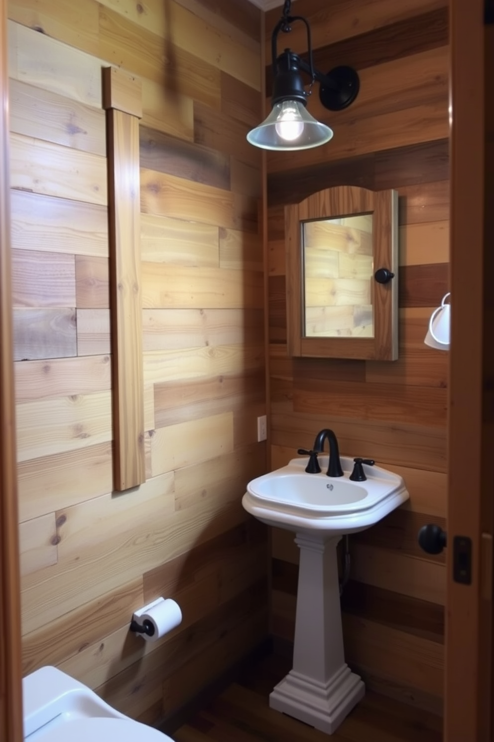 A cozy half bath featuring rustic wood accents throughout. The walls are adorned with reclaimed wood paneling, creating a warm and inviting atmosphere. A vintage pedestal sink sits against the wall, complemented by a distressed wood mirror above it. Soft lighting from a wrought iron fixture casts a gentle glow, enhancing the charm of the space.