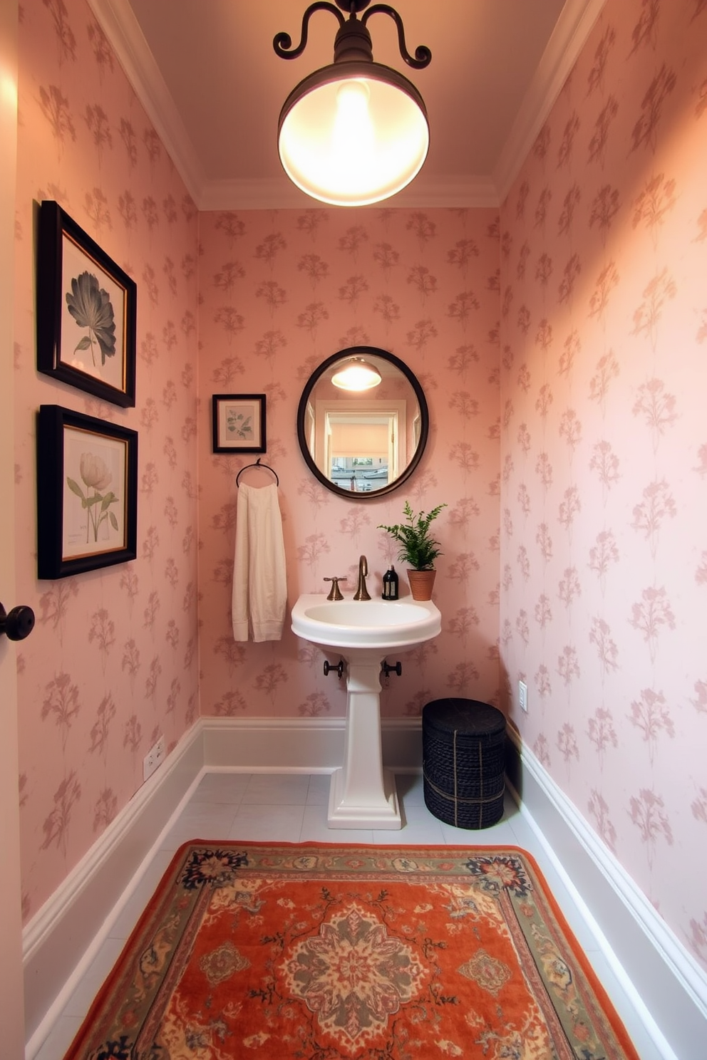 A vintage rug in warm earth tones lies on the floor, adding texture and warmth to the cozy atmosphere of the half bath. The walls are adorned with soft pastel wallpaper, and a small round mirror hangs above a charming pedestal sink. A stylish, vintage-inspired light fixture illuminates the space, casting a warm glow. Decorative accents such as framed botanical prints and a small potted plant enhance the inviting feel of the powder room.