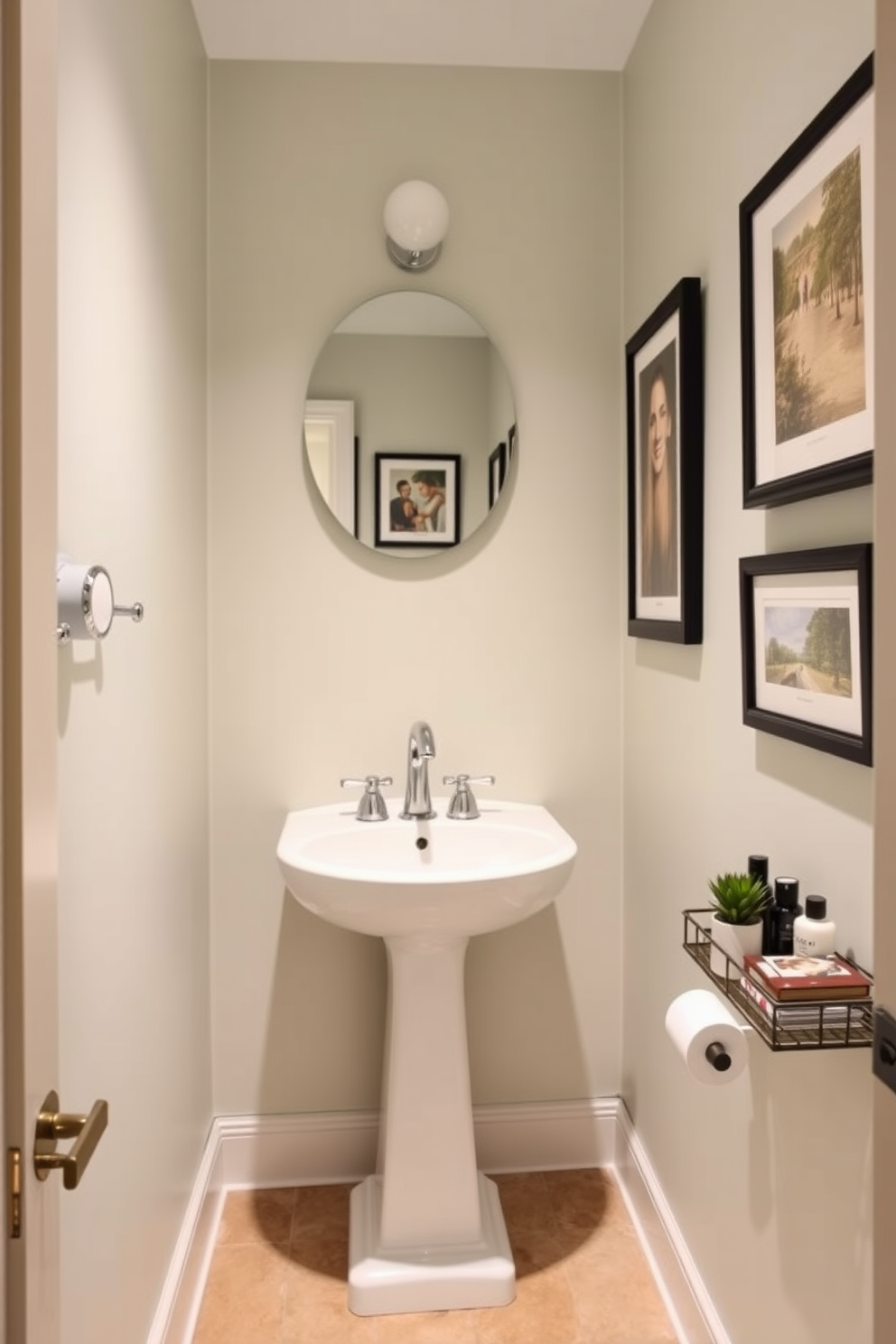 A stylish half bath with framed prints on the walls adding a personalized touch. The space features a chic pedestal sink with a sleek faucet and a small round mirror above it. The walls are painted in a soft pastel color, creating a warm and inviting atmosphere. A decorative shelf holds neatly arranged toiletries and a small potted plant for a touch of greenery.