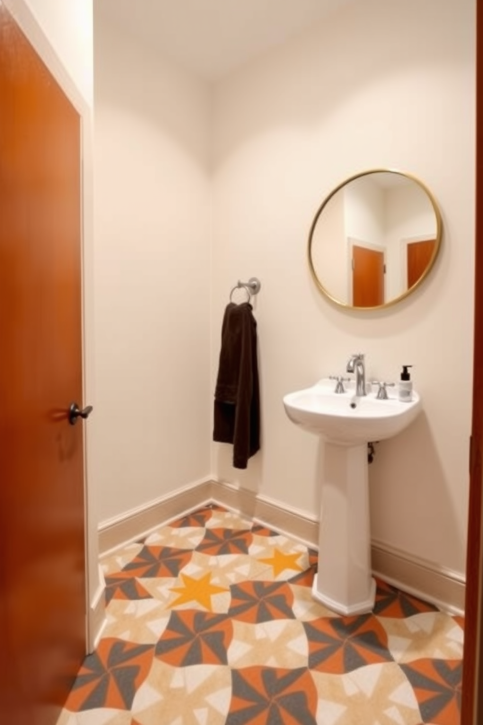 A stylish half bath featuring bold geometric tiles on the floor that create a striking visual impact. The walls are painted in a soft neutral tone, complementing the vibrant patterns of the tiles. A sleek pedestal sink is positioned against one wall, accompanied by a modern wall-mounted faucet. A large round mirror with a minimalist frame reflects the light, enhancing the spacious feel of the powder room.