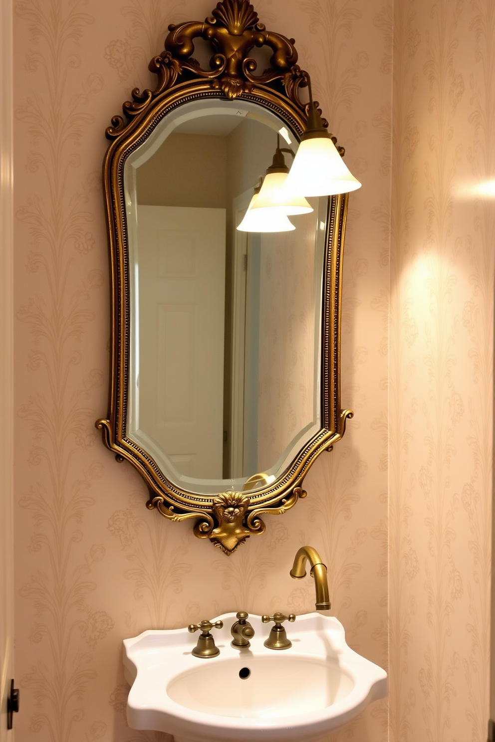 A vintage mirror with an ornate frame is the focal point of the half bath, reflecting the soft ambient lighting. The walls are adorned with elegant wallpaper featuring a subtle floral pattern, complemented by a classic pedestal sink and a polished brass faucet.