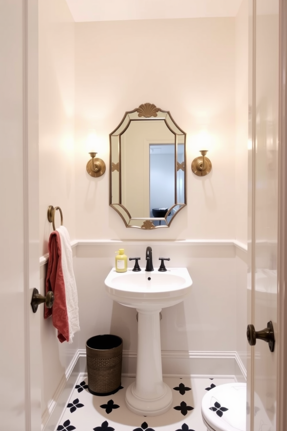 A stylish half bath featuring sconce lighting that casts an elegant glow across the space. The walls are adorned with soft, neutral tones, and a chic pedestal sink is complemented by a decorative mirror above it. The floor is tiled with classic black and white patterns, adding a touch of sophistication. Elegant sconces frame the mirror, providing warm illumination and enhancing the overall ambiance of the powder room.